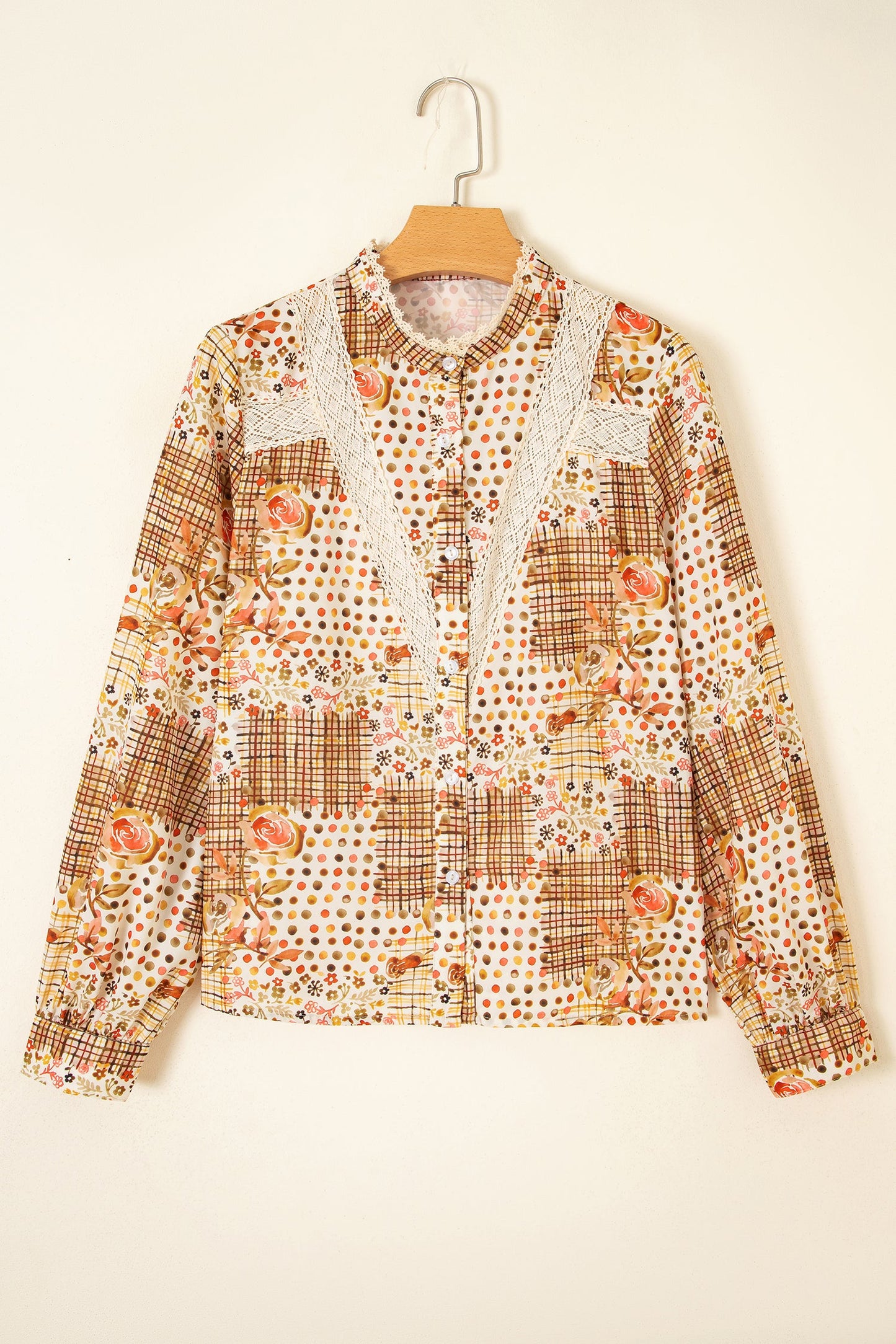 Floral Lace Trim Button Down Long Sleeve Shirt