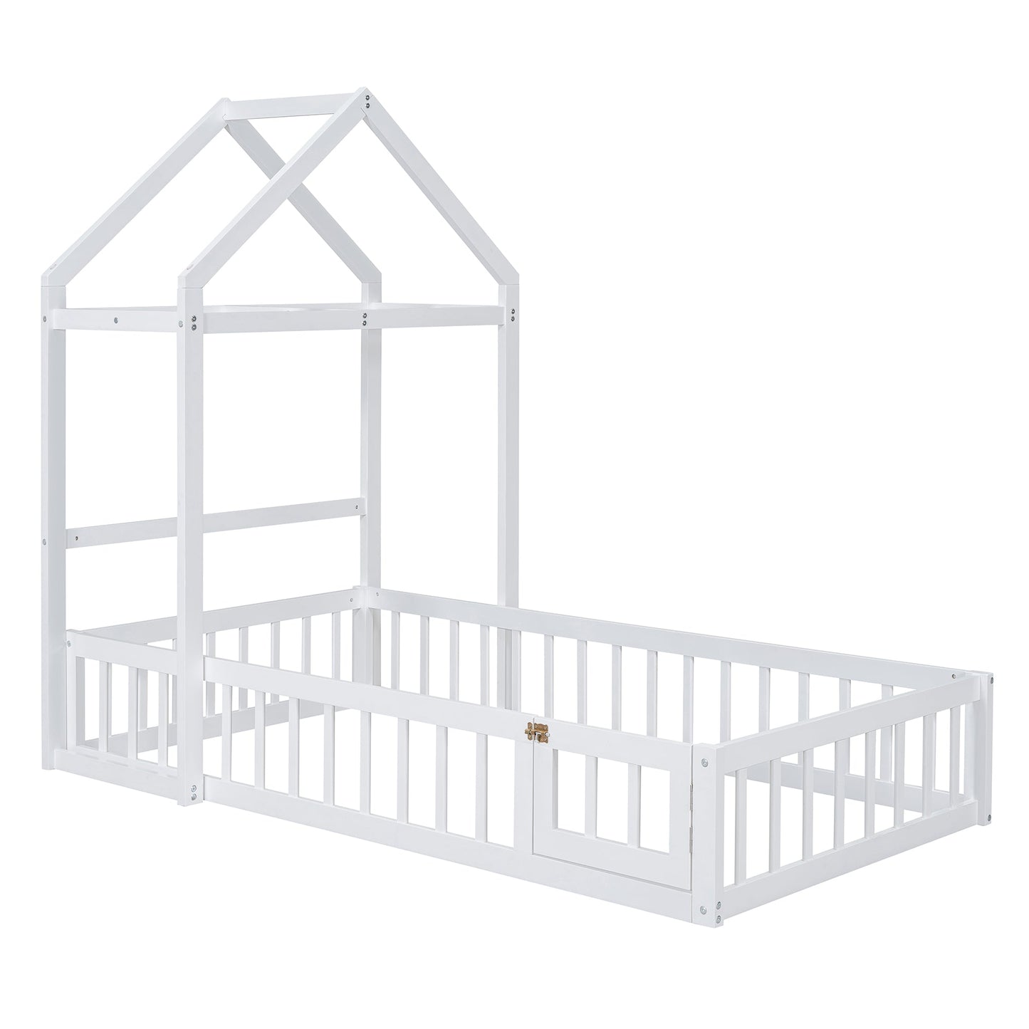 Wooden Twin Size Children's Bed with Detachable Headboard and Integrated Clothes Drying Rack, White