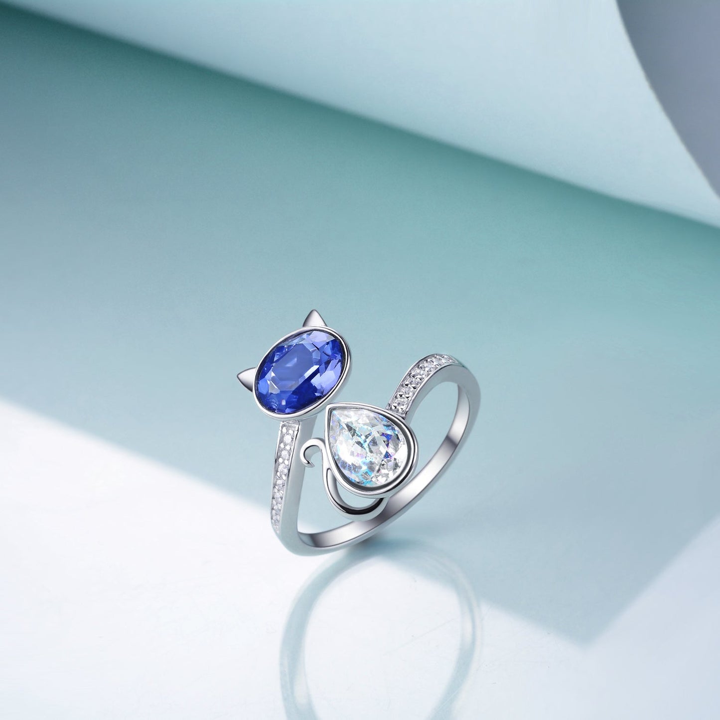 Sterling Silver Cat Ring Blue Purple Crystals from Austria Cute Pet Kitten Kitty Adjustable Open Ring