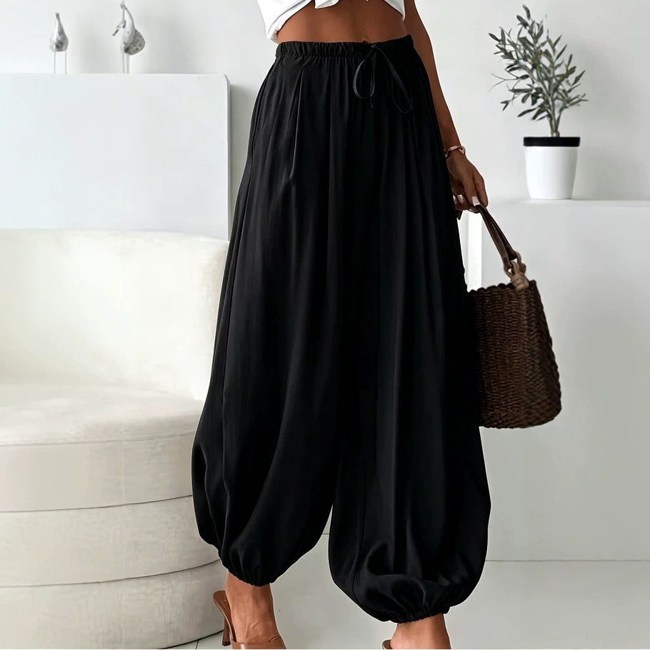2026 Women's Summer Loose Drawstring Wide-Leg Cropped Pants With Draped Effect Harem Pants For Export Cross-Border Women's Fashion
