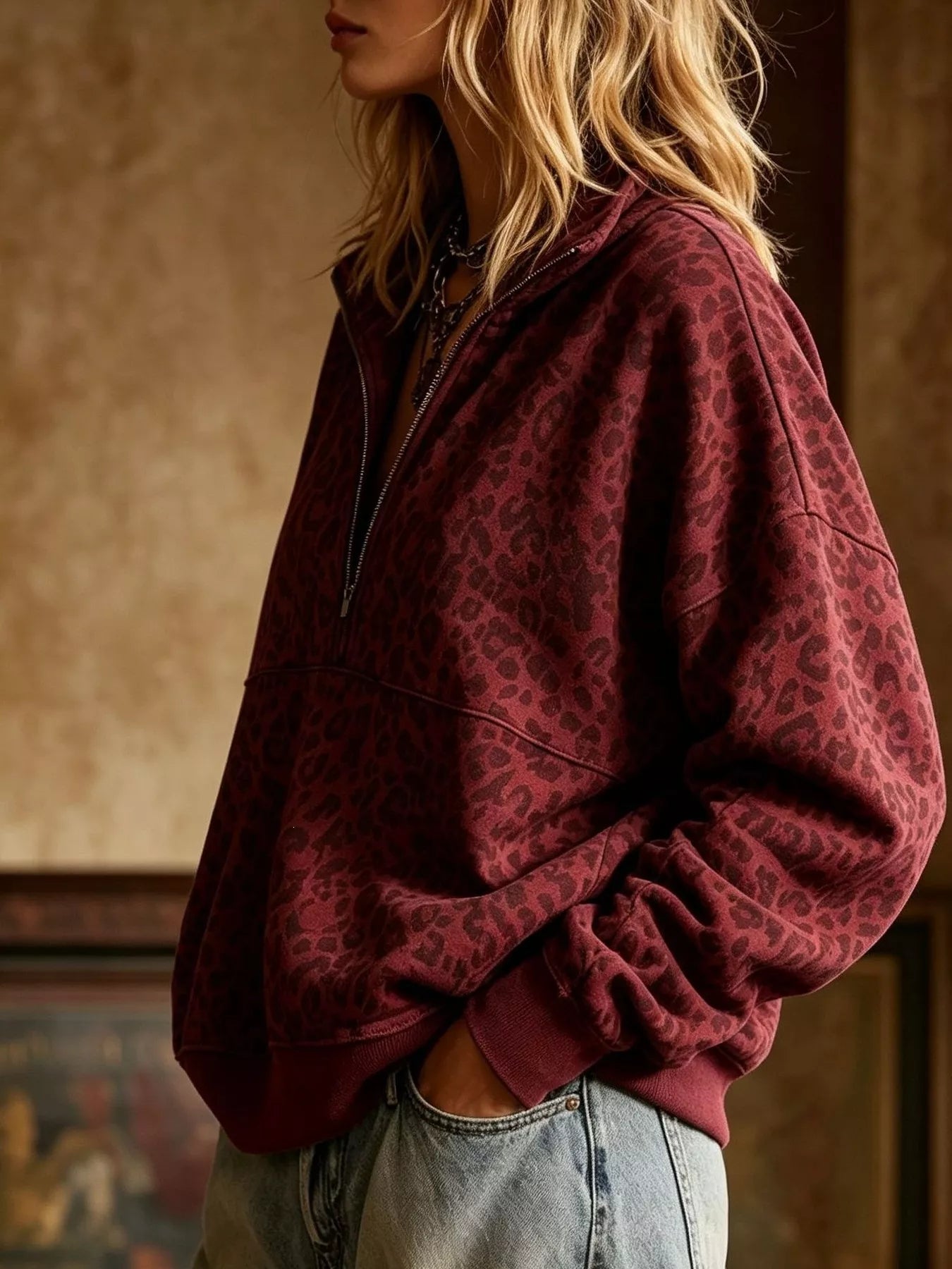 Leopard Half Zip Oversized Sweatshirt