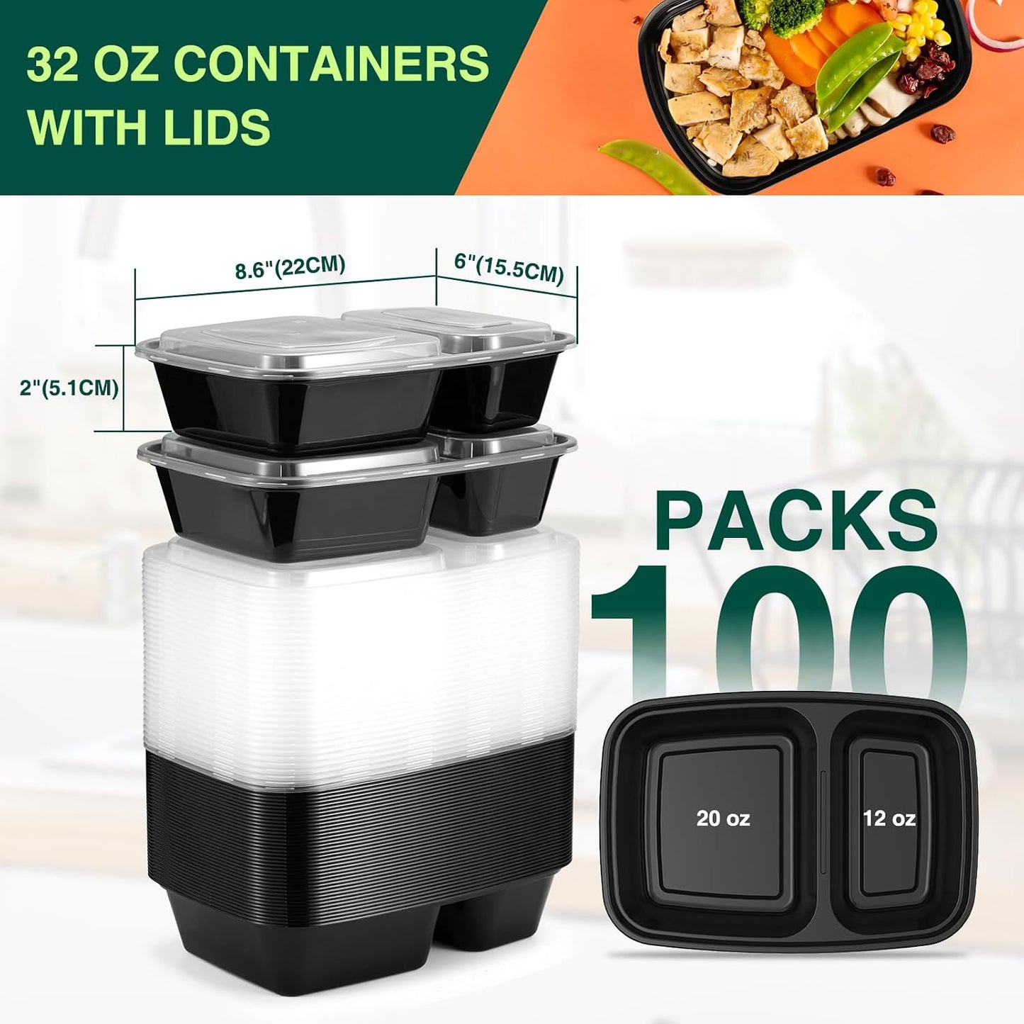 100 Pack 32OZ Meal Prep Containers 2-Compartment Wholesale