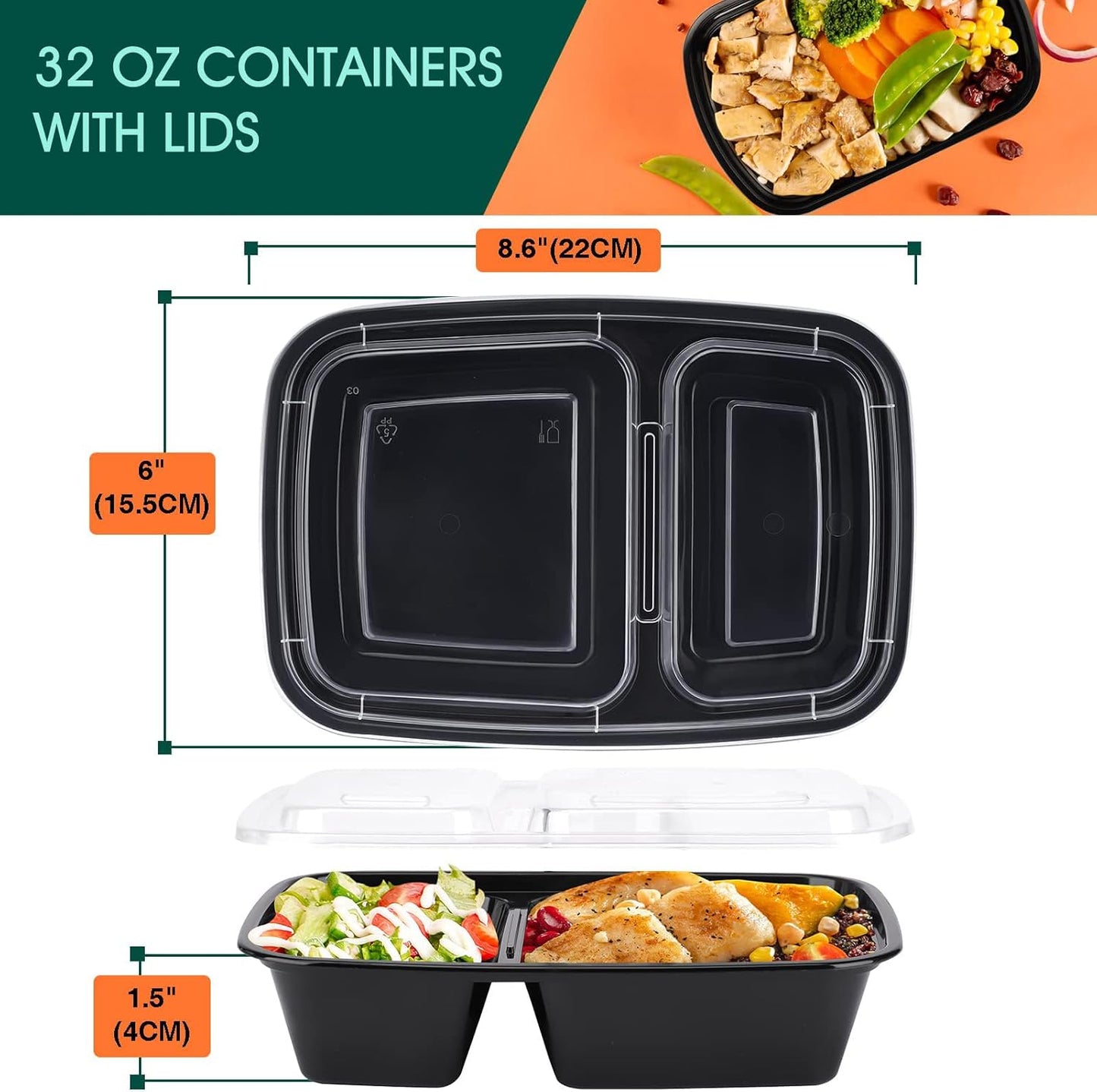 50 Pack 32OZ 2 square Compartment Meal Prep with Lids Wholesale
