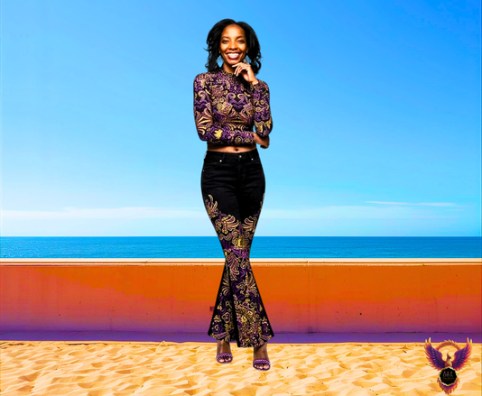 Aztec designer gold and purple sexy flare designs LP Flared Pants Designs by DESIGNS BY KIEKIE