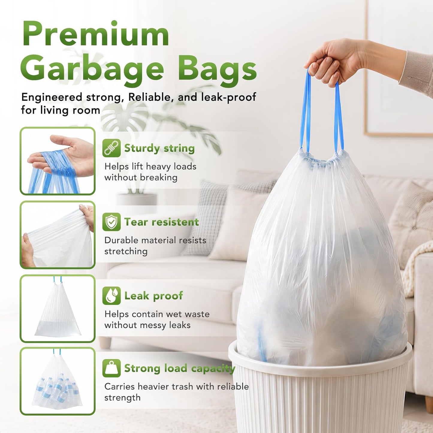 8 Gallon Trash Bags 1400 Count 0.55Mil With Drawstring Wholesale