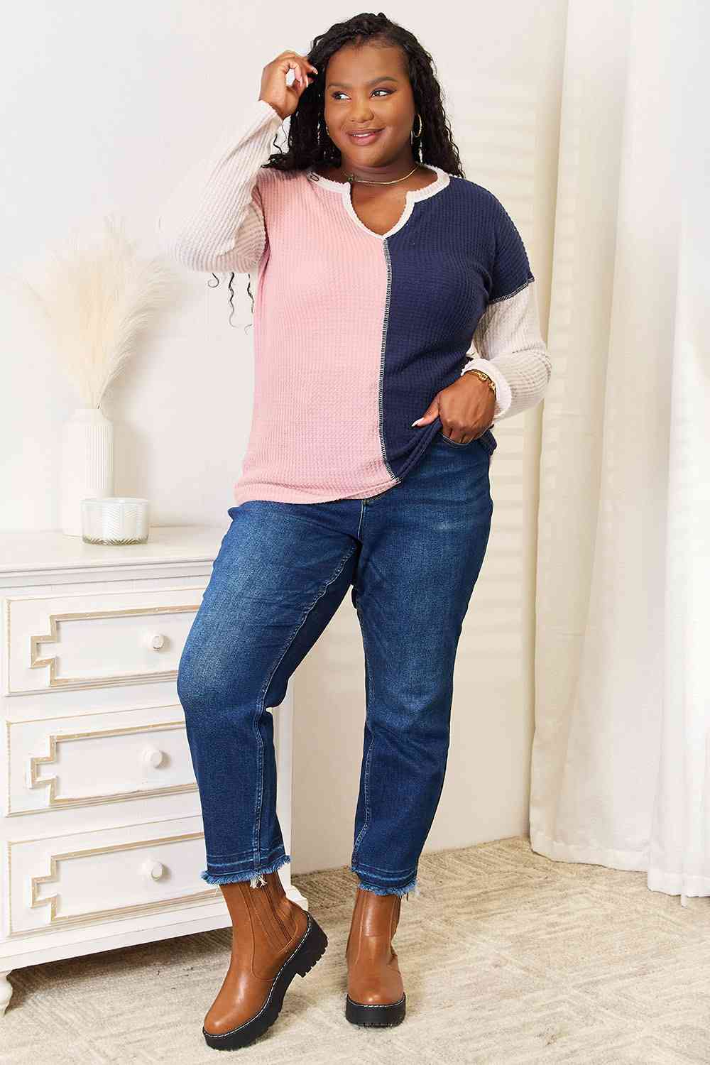 Heimish Full Size Solid Color Contrast Top