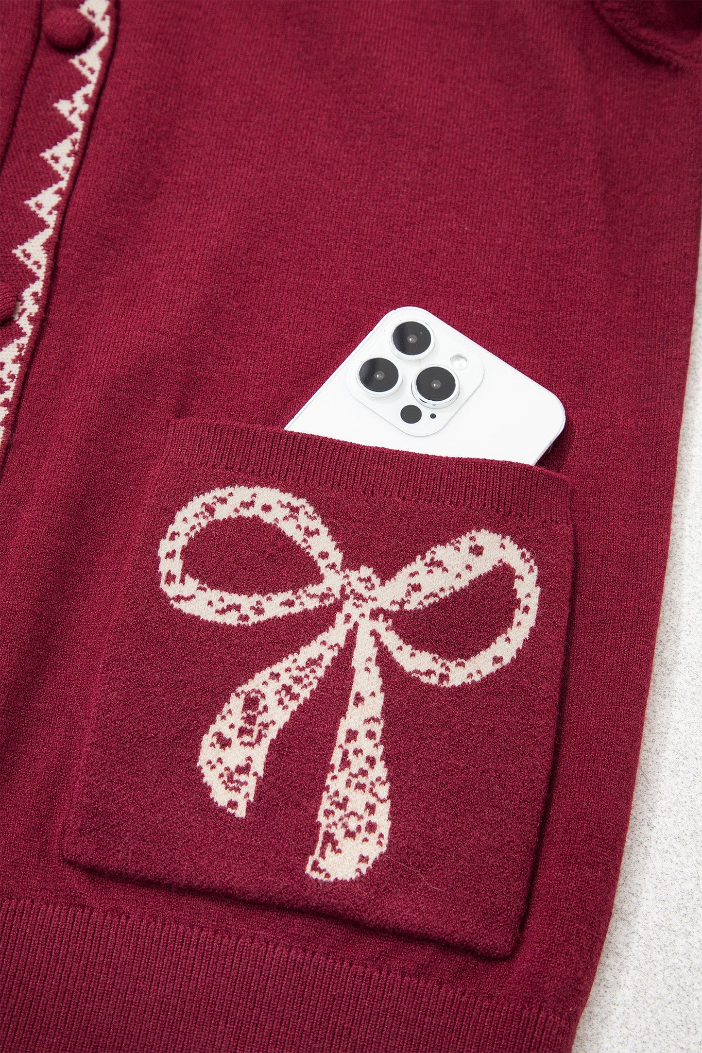Bow Patch Pocket Collared Button Front Cardigan