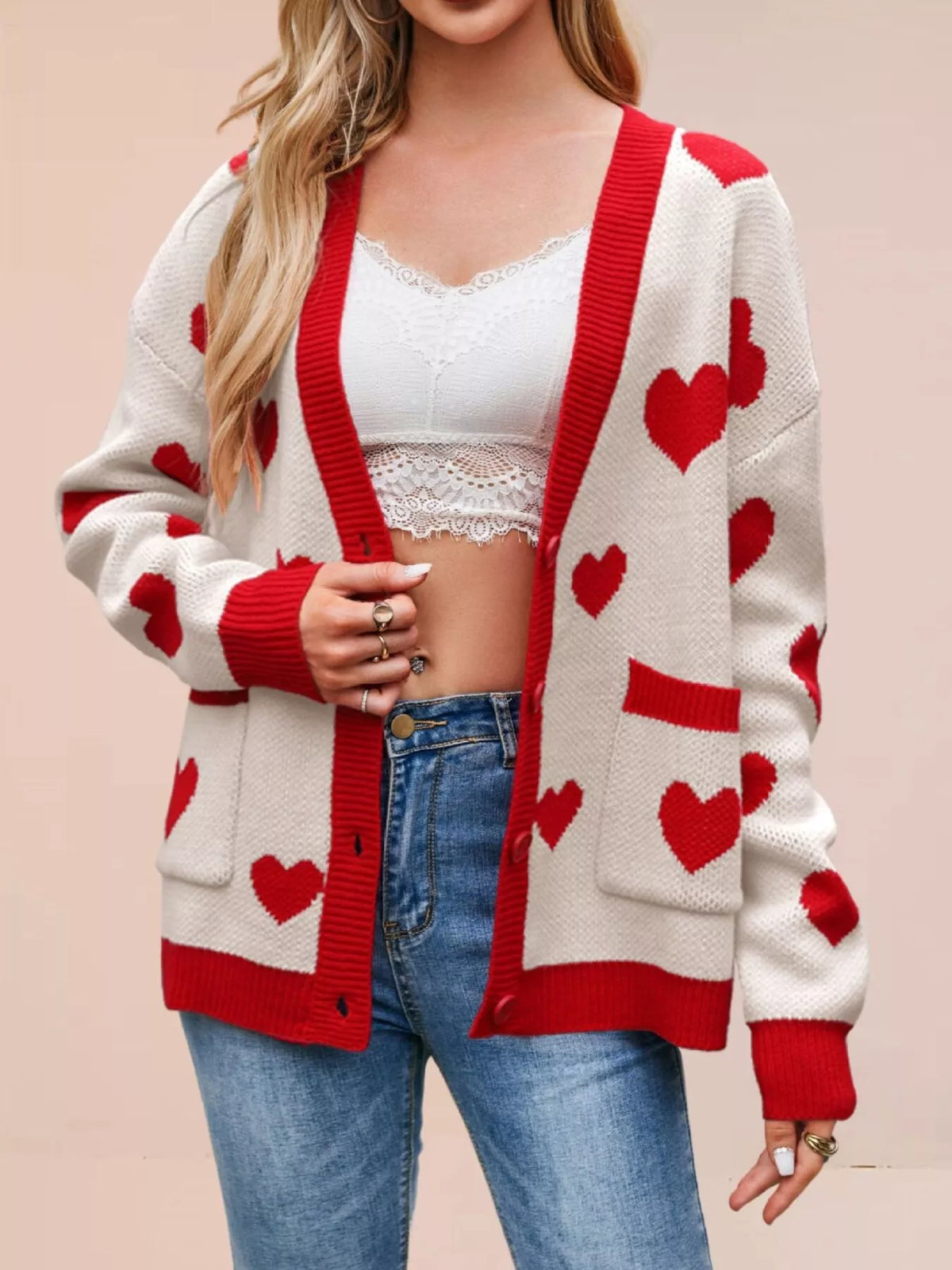 Heart Pattern V-Neck Button-Down Knit Cardigan