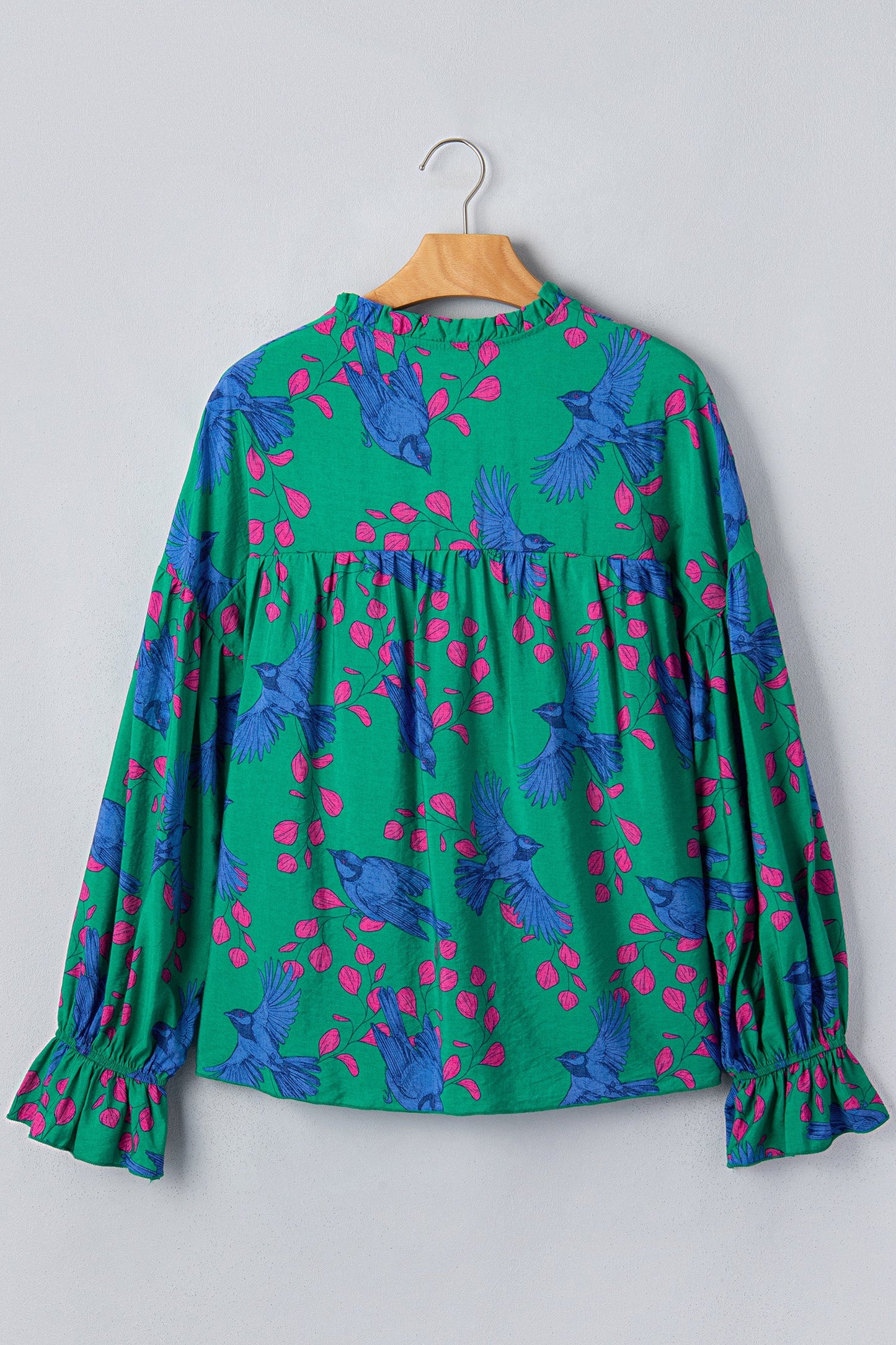Abstract Floral Bird V-Neck Flounced Puff Sleeve Blouse