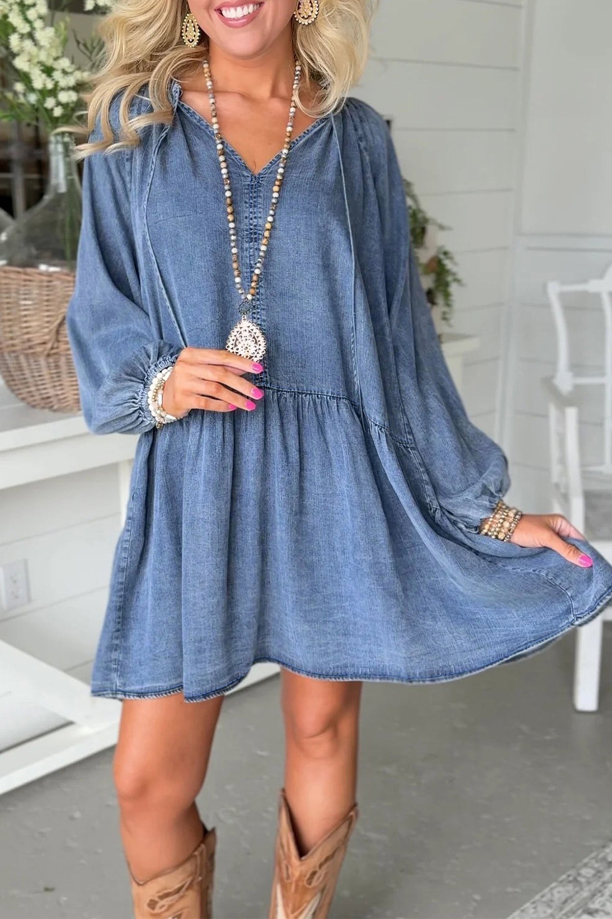 Denim Puff Sleeve Tie V-Neck Ruffle Dress