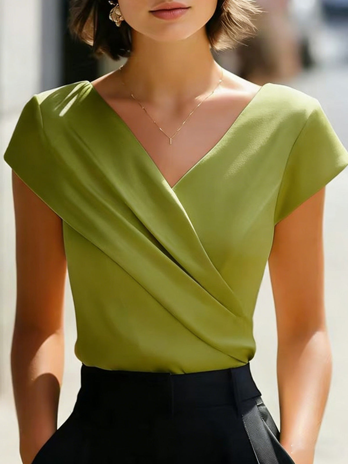 New Women's T-shirt 2026 - European Style, Elegant, Pure Color, V-neck, Short Sleeves, Form-fitting, Summer Women's Top