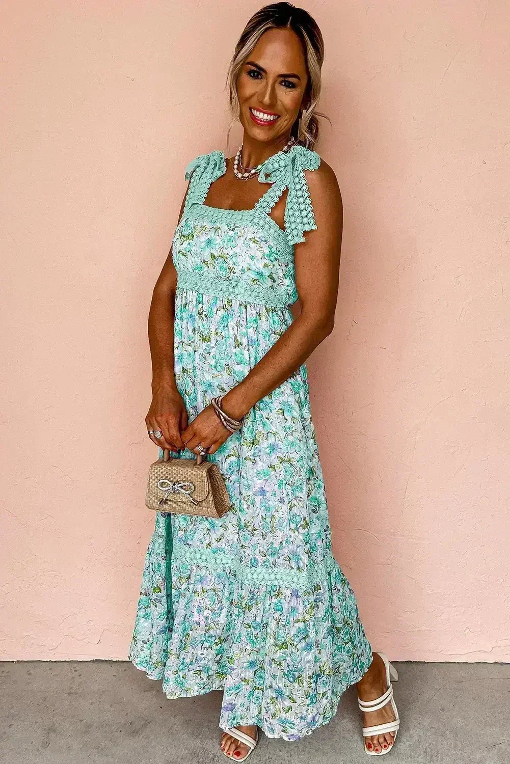 Green Floral Lace Tied Strap Empire Waist Maxi Dress