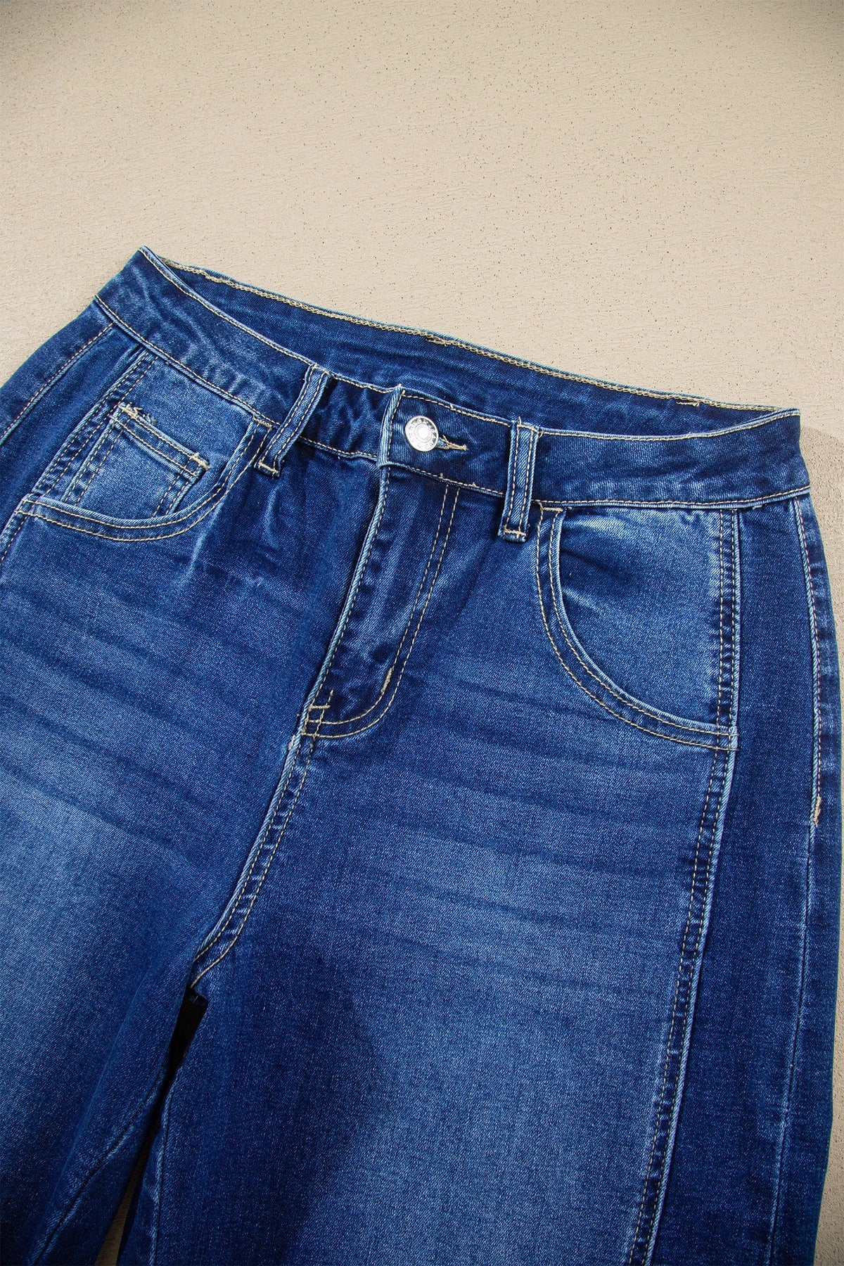 Solid Denim Folded Raw Hem High Waist Jeans