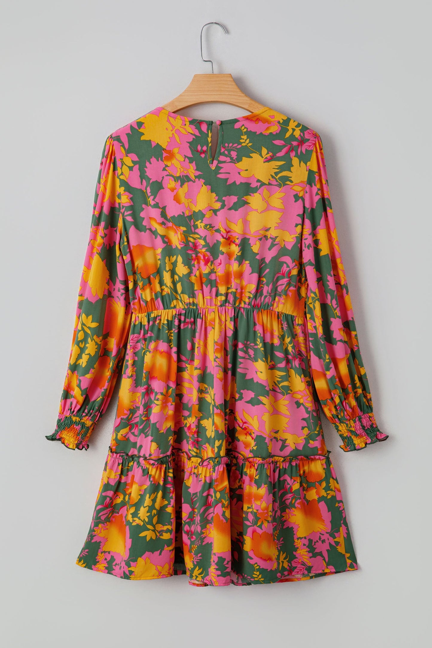 Floral Smocked Ruffle Hem Long Sleeve Mini Dress
