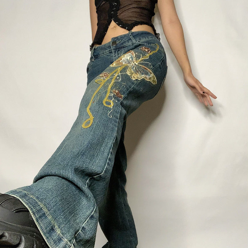 Fashion Women's Sexy High Waist Retro Individual Butterfly Print Bootcut Jeans