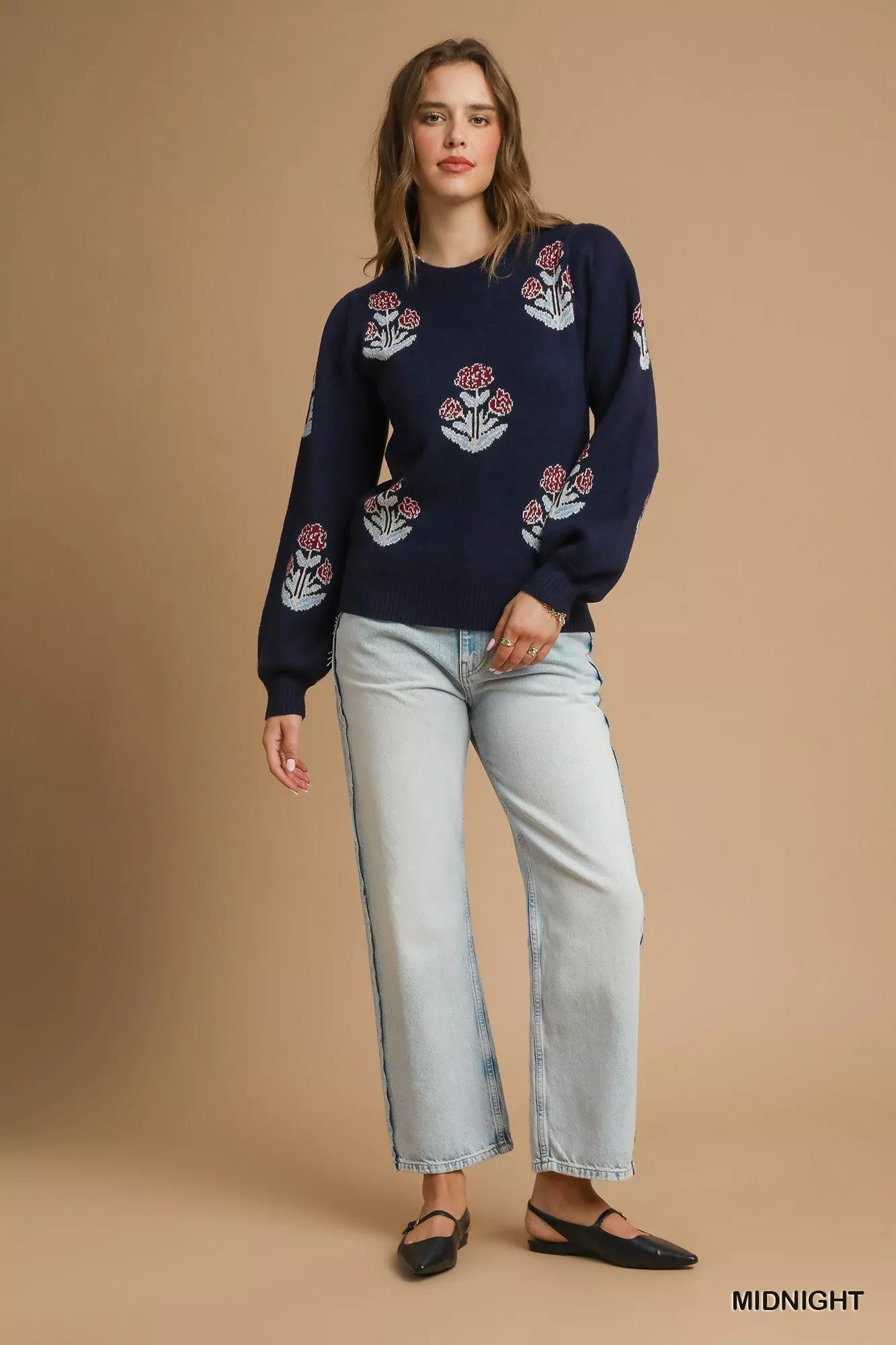 Umgee Floral Knit Sweater with Puff Sleeves