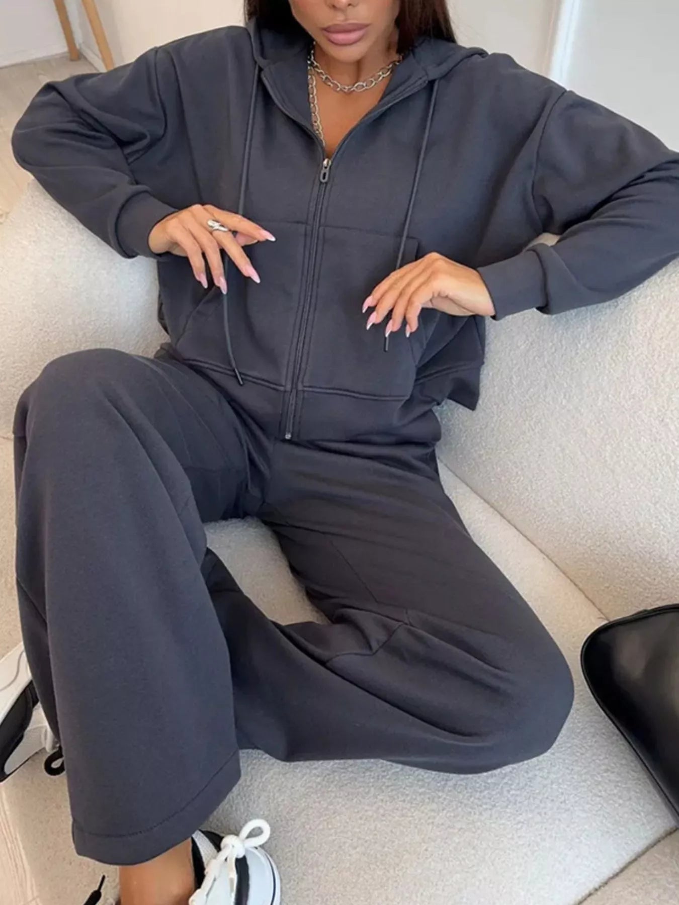 Zip-Up Hoodie and Wide-Leg Pants Set