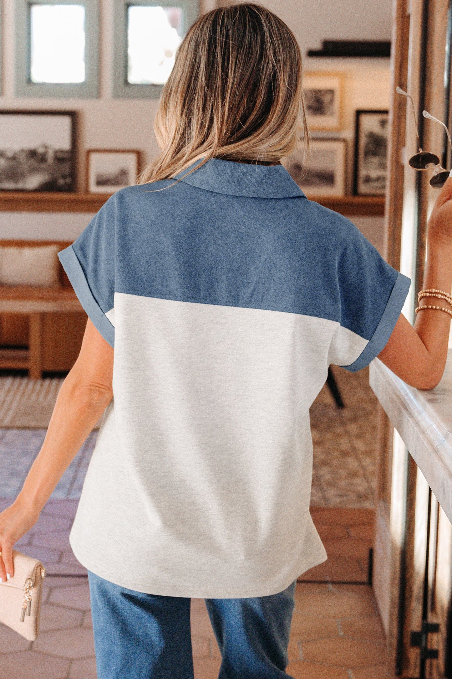Colorblock Denim Patchwork Buttoned Polo Top