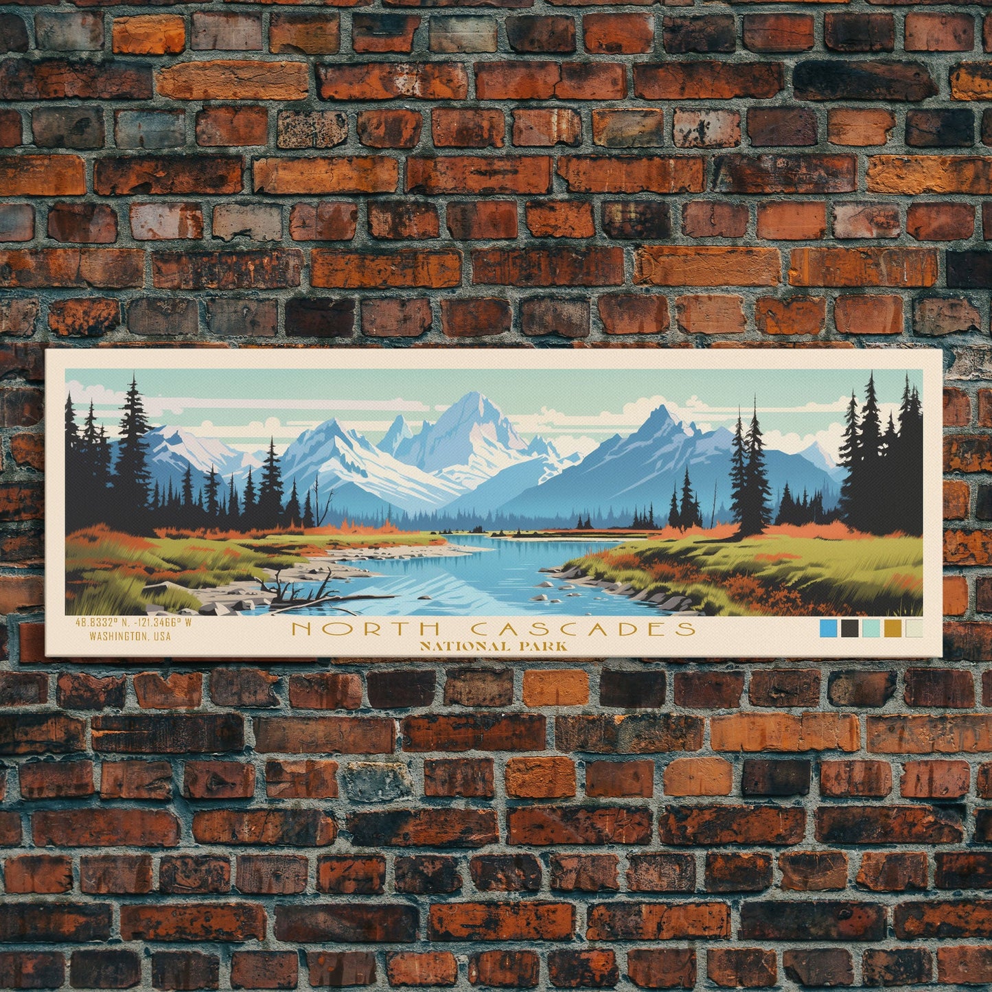 North Cascades National Park Panoramic Washington Travel Art, National Park Print, Minimalist Travel Art, Midcentury Modern Style Landscape