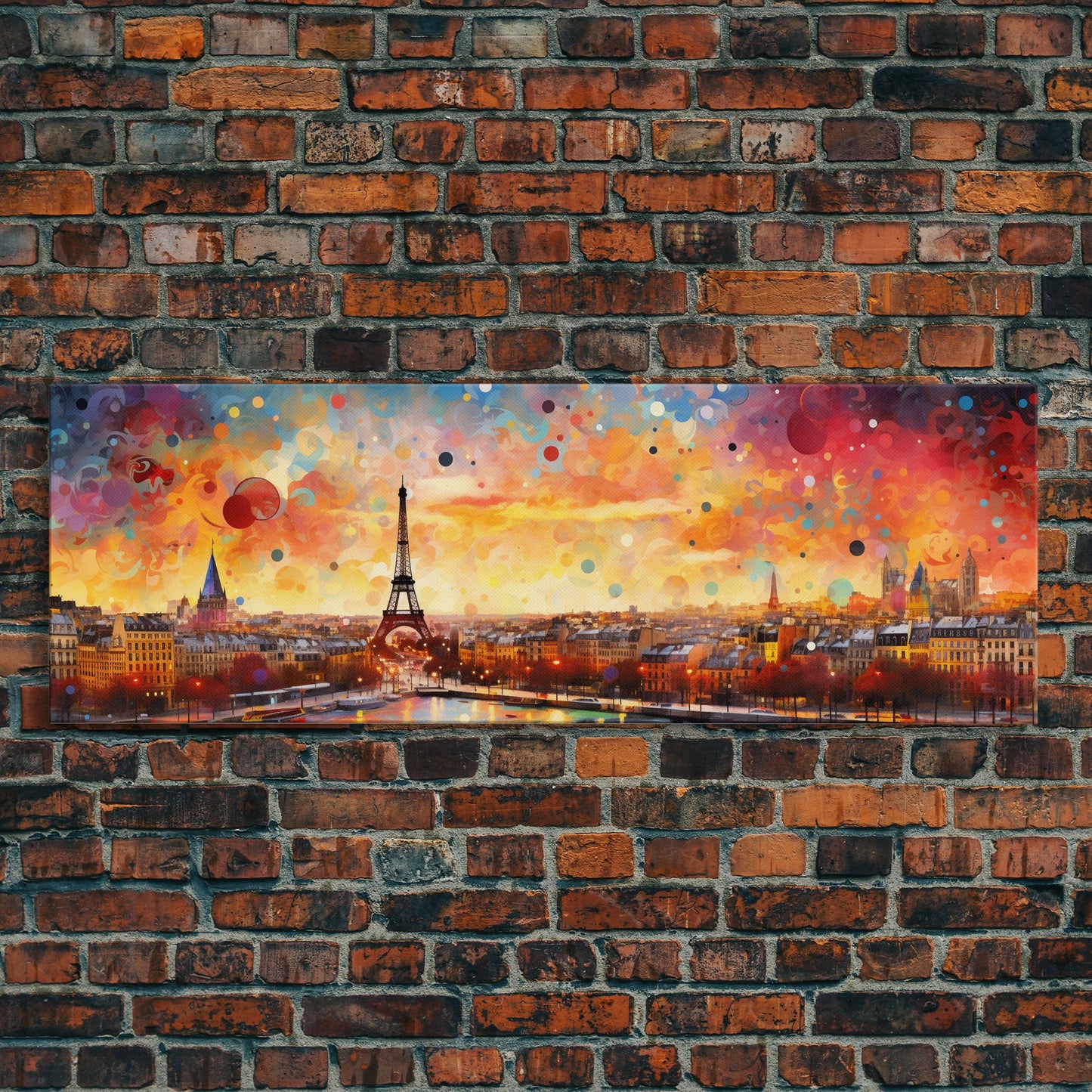 Eiffel Tower Abstract Paris France Panoramic Framed Canvas Print, Van Gogh Inspired Original Painting, Colorful Wall Art