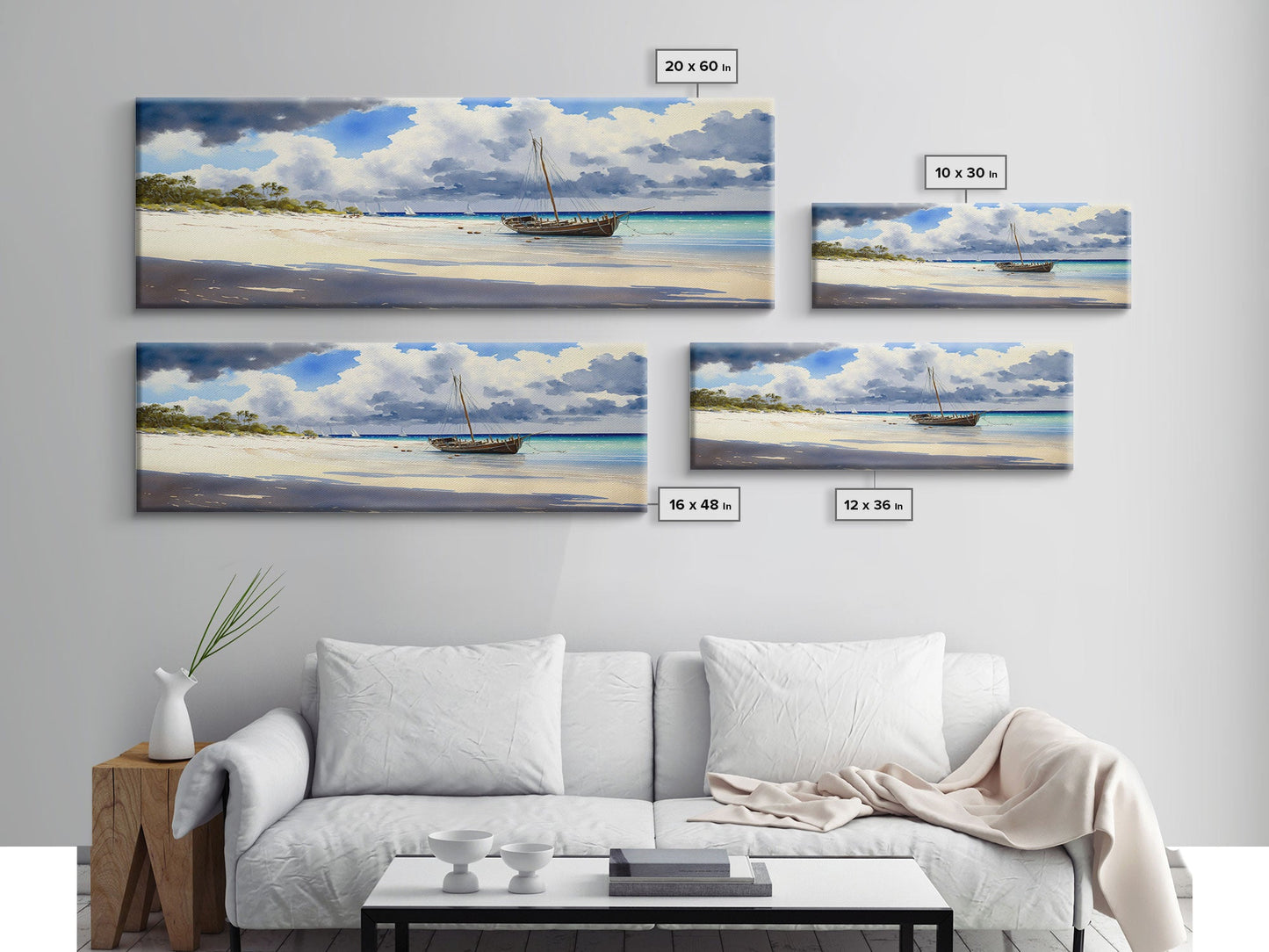 Tropical Shipwreck Island - Framed Canvas Print -Panoramic Beach Art - Blue sky and blue ocean art - nautical sailing decor