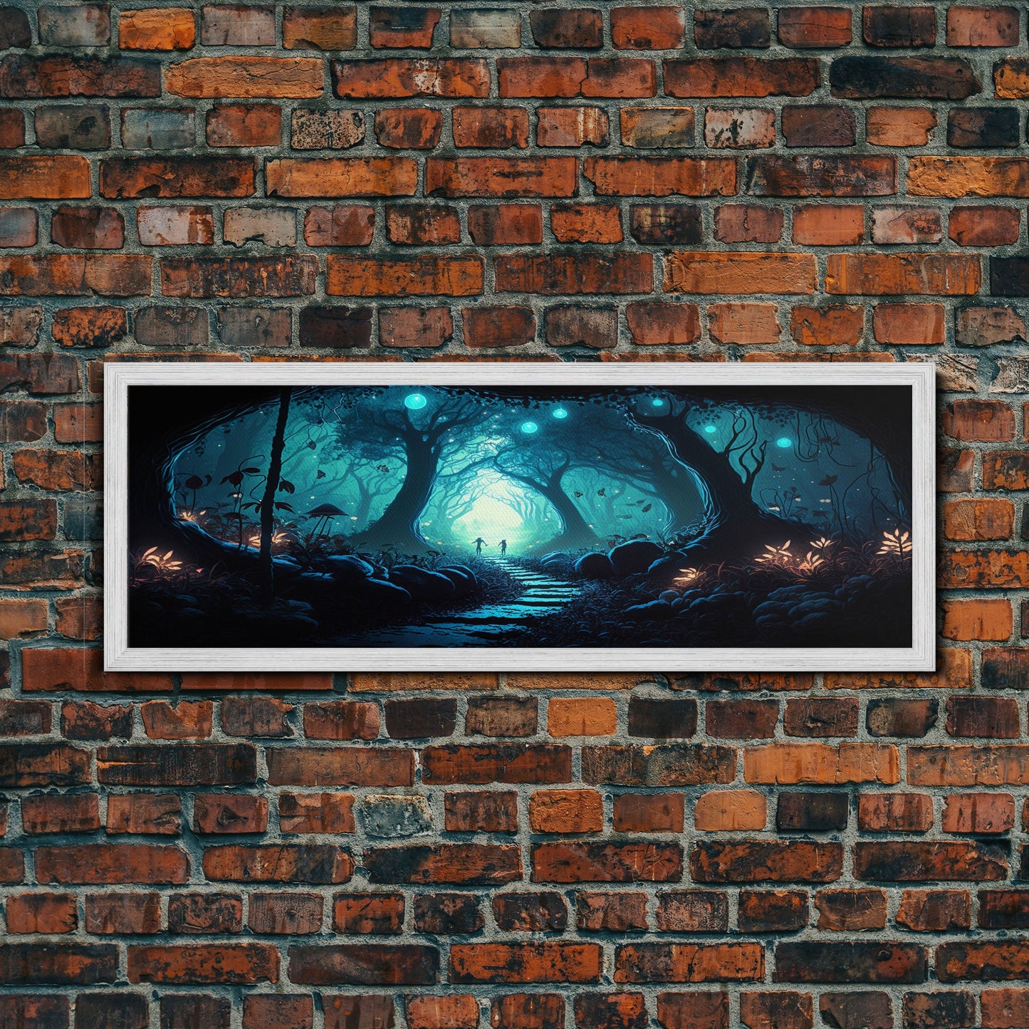 The mycelium Networrk, Fantasy Art, Framed Canvas Print, Bioluminescent Fantasy Forest At Night, Blue Glowing Ambience Art