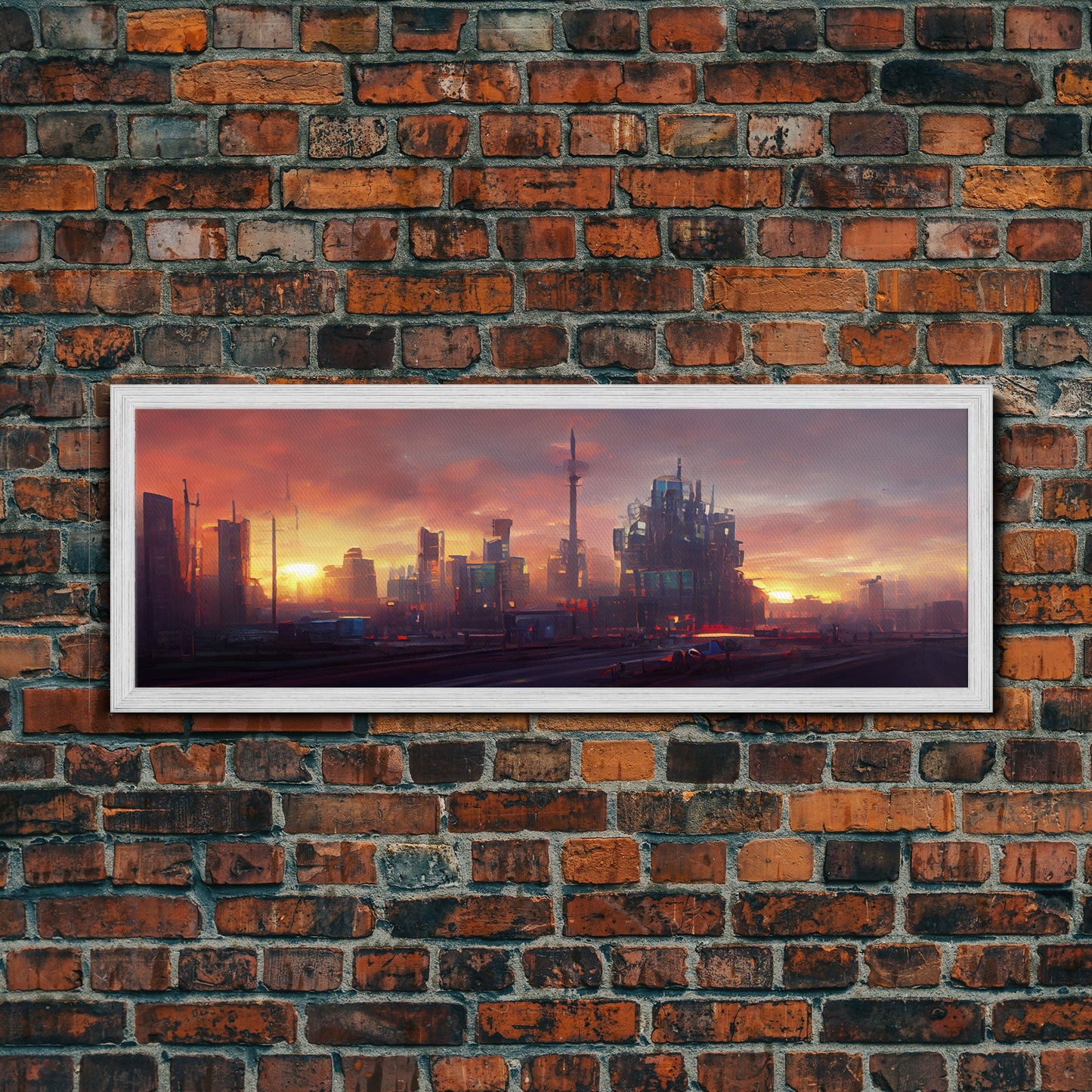 Cyberpunk City, Night City Watercolor, Ready To Hang Canvas Print, Panoramic, Videogame Concept Art, Watercolor Painting Of a Cyberpunk City