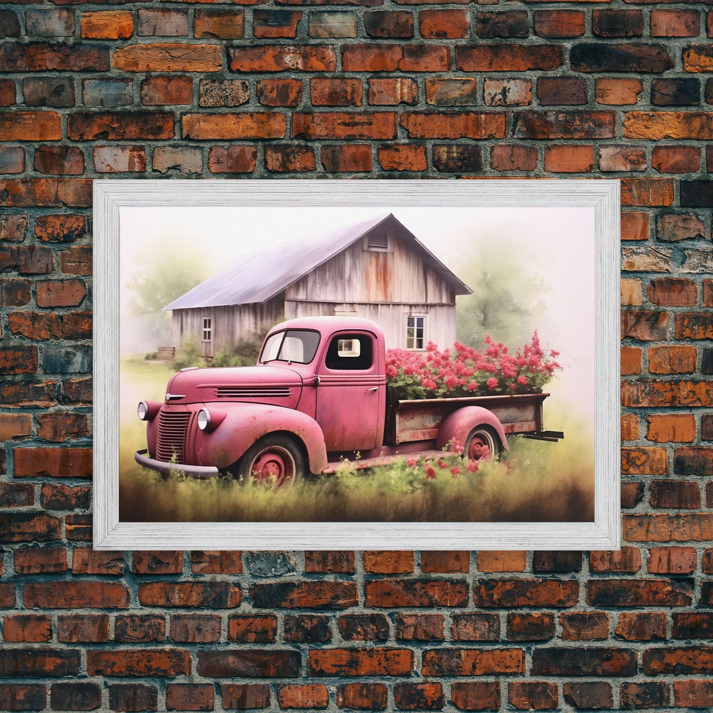 Old Pink Truck Used As a Flower Bed, Framed Canvas Print Or Poster, Rustic Farmhouse Decor, Primitive Art, Country Home Art