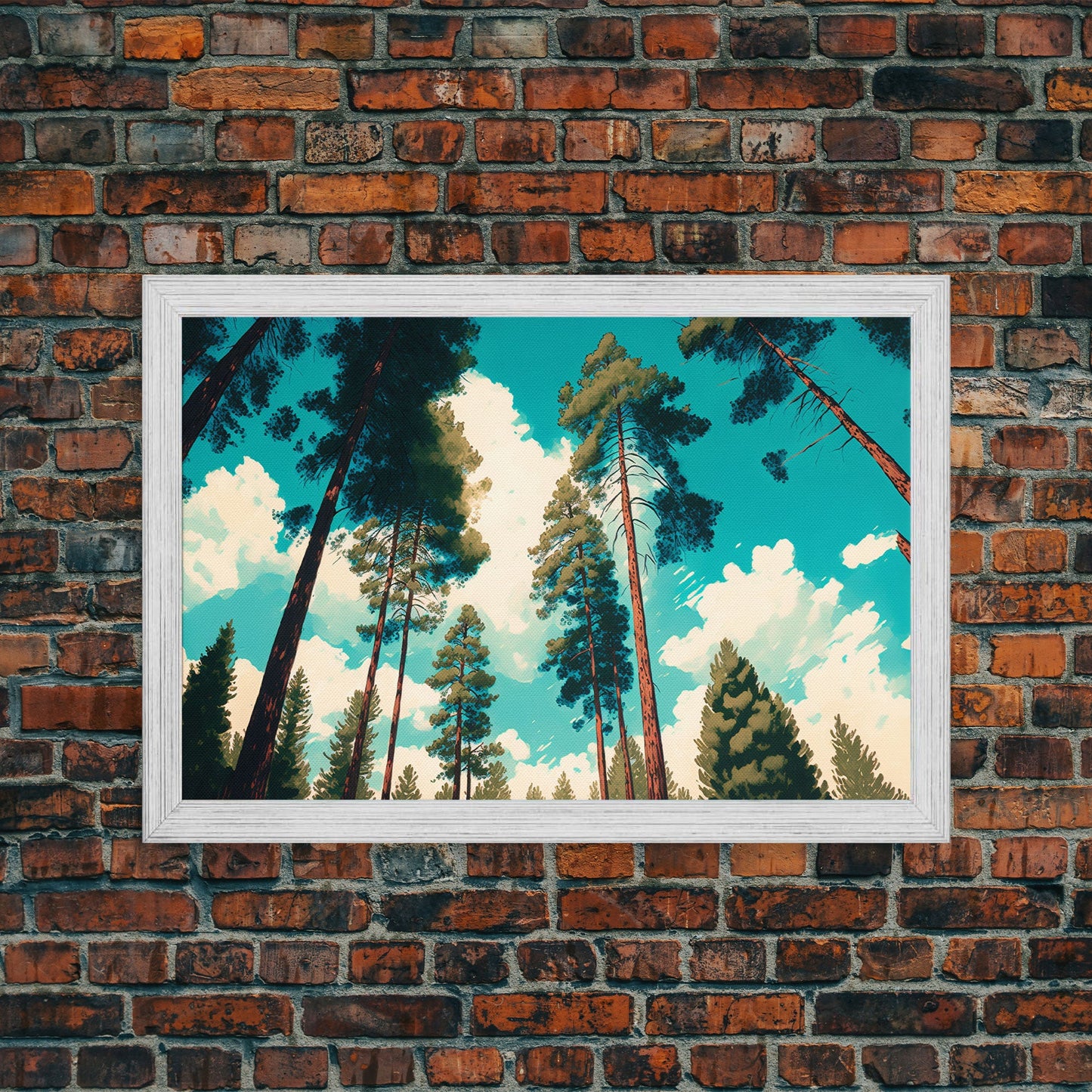 Pine Tree Forest and Blue Skies, Framed Canvas Print, Beautiful Wall Art, Living Room Wall Decor, Pine Cone Tree