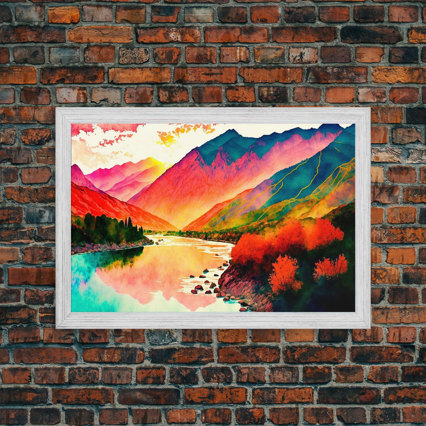Watercolor Landscape, Rainbow Landscape Art, Framed Canvas Print, Unique Primitive Style Landscape Decor