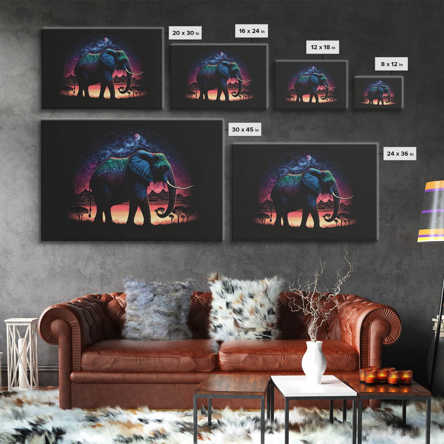 Elephant Art | Framed Canvas Print | Framed Wall Art | Animal Prints | Wildlife Art | Elephant Walks Under A Full Moon | Kid's Room Decor