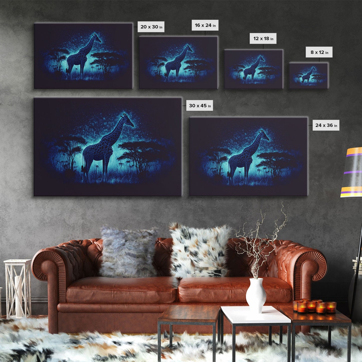 Surreal Giraffe Art, Wildlife Print, Animal Prints, framed canvas print, framed wall art, colorful turquoise night sky