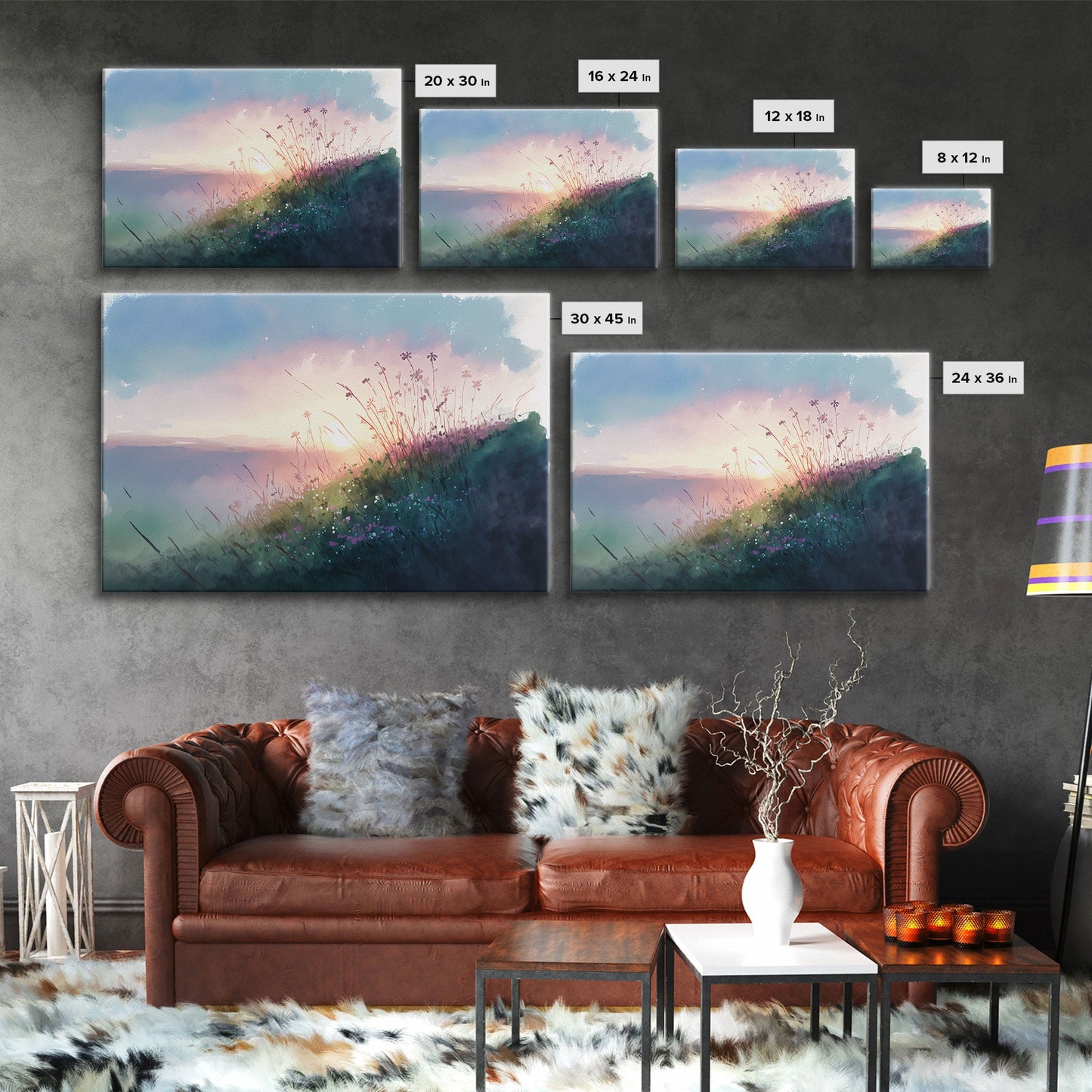 Serene Sunset, Watercolor Landscape Art, Framed Canvas Print, colorful wall art, above couch living room art