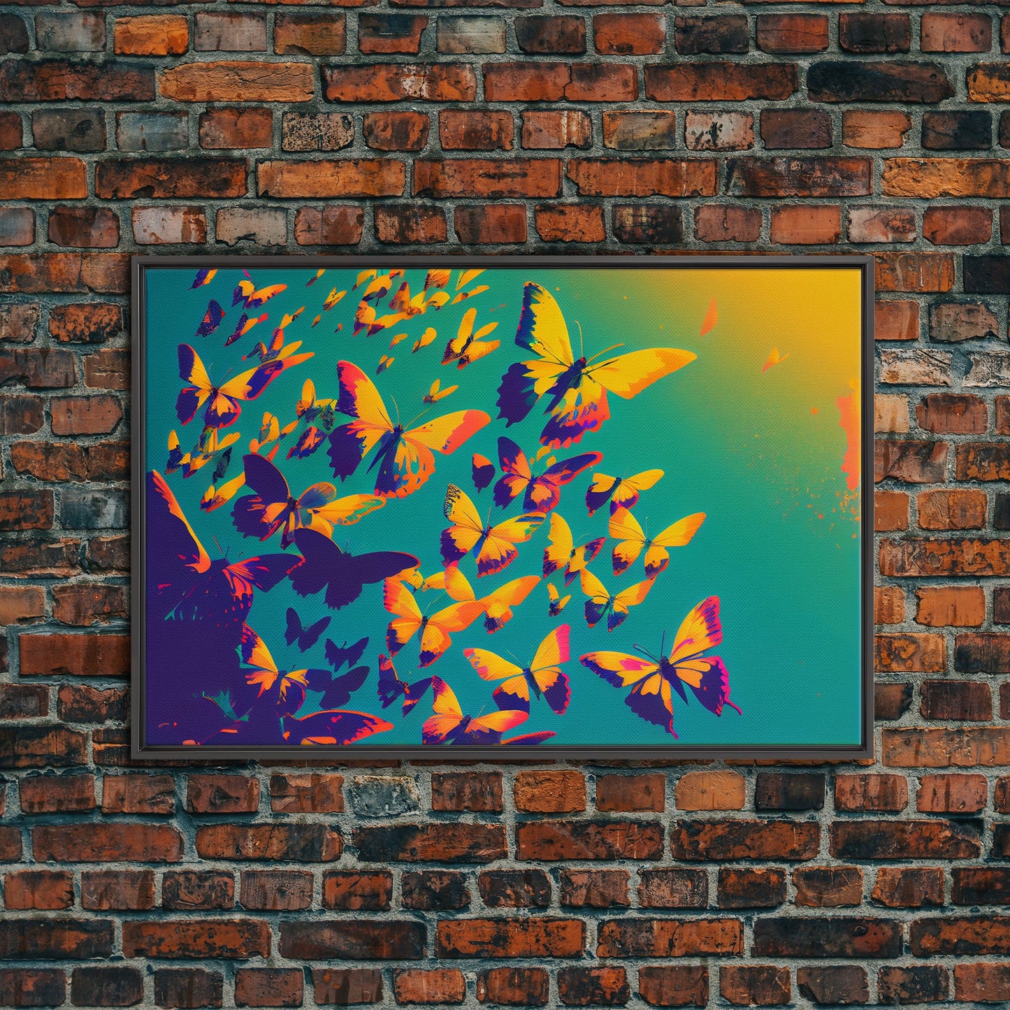 Synthwave Tangerine butterflies, beautiful butterfly art, framed canvas print, framed wall art