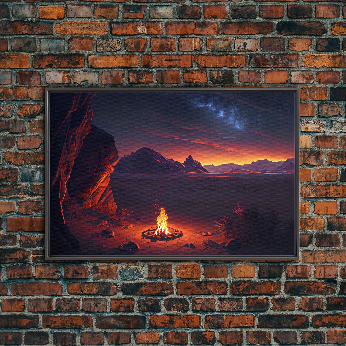 Watercolor of a prehistoric campfire, primitive art, framed canvas print