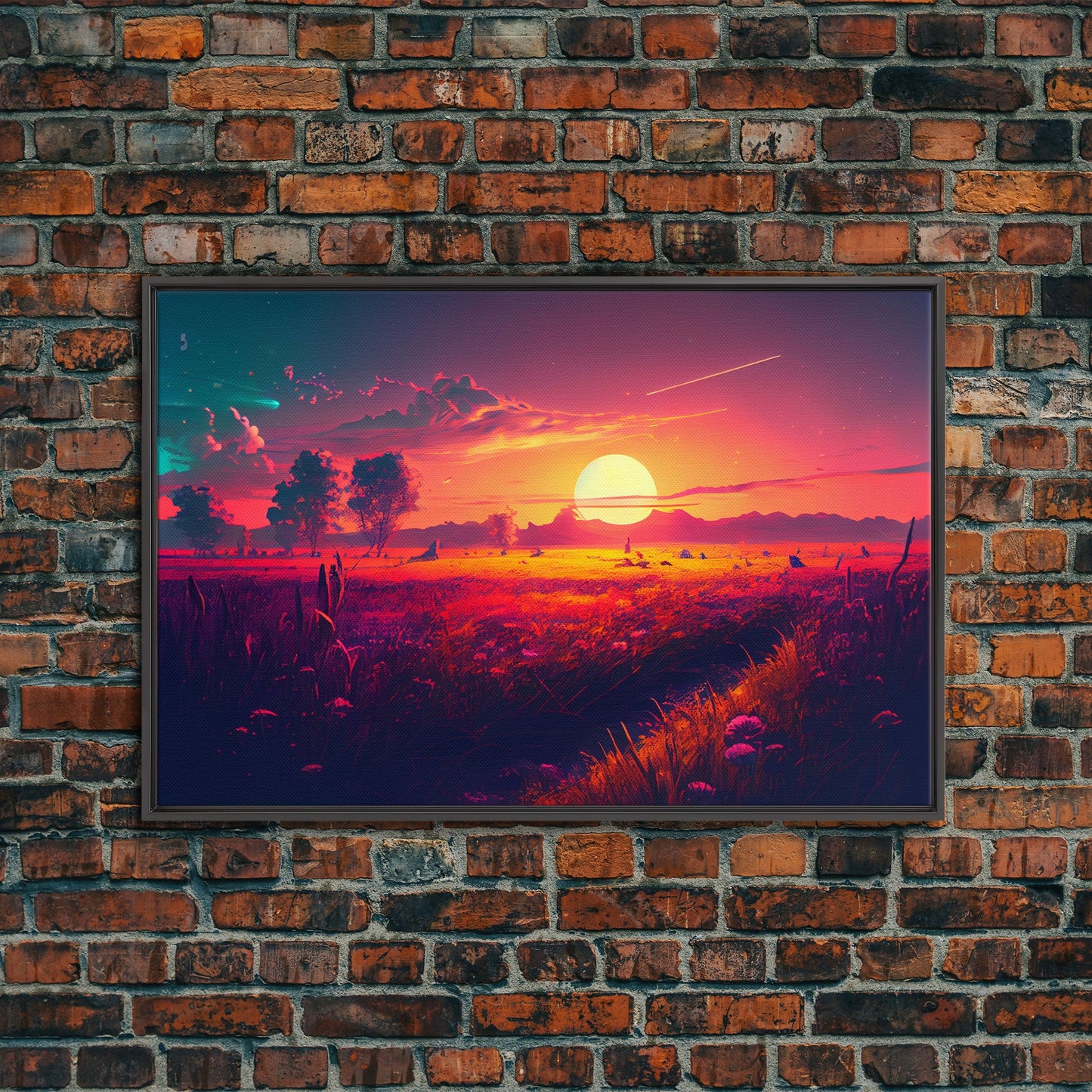 Watercolor of a beautiful sunset over a vibrant field of flowers, framed canvas print, framed art