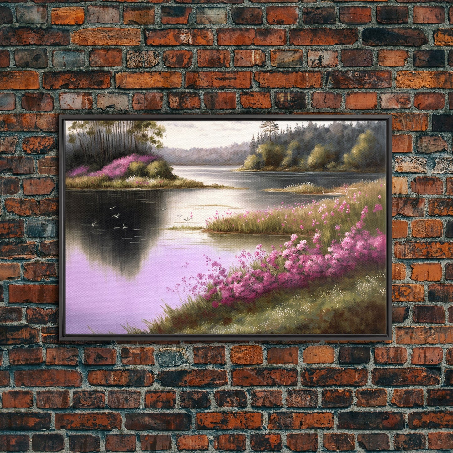 Pink flower landscape art, beautiful nature watercolor painting canvas print, Framed Canvas Print, Wall decoration, living room wall art