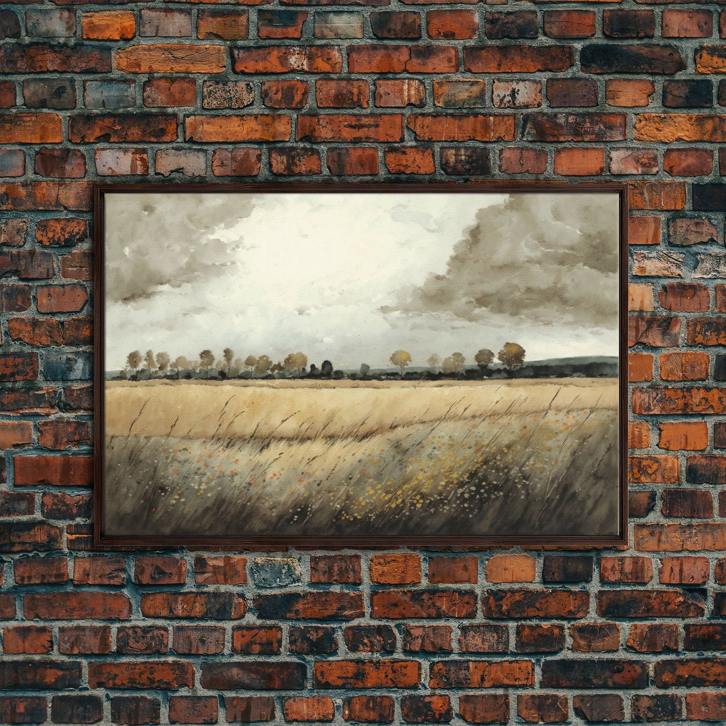 Moody Country Landscape Canvas Print Painting | Vintage Wall Art | Subdued Wall Art | Framed Canvas | Muted Monochromatic Landscape Art