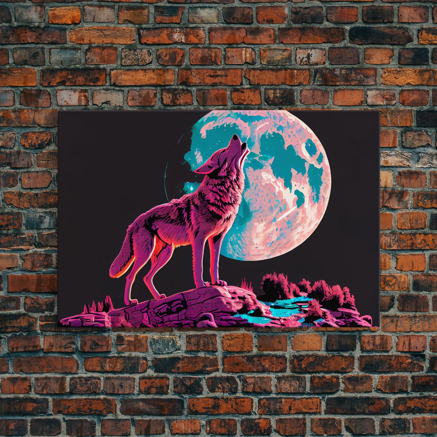 Howl at the moon, wolf art, framed canvas print, synthwave / vaporwave art