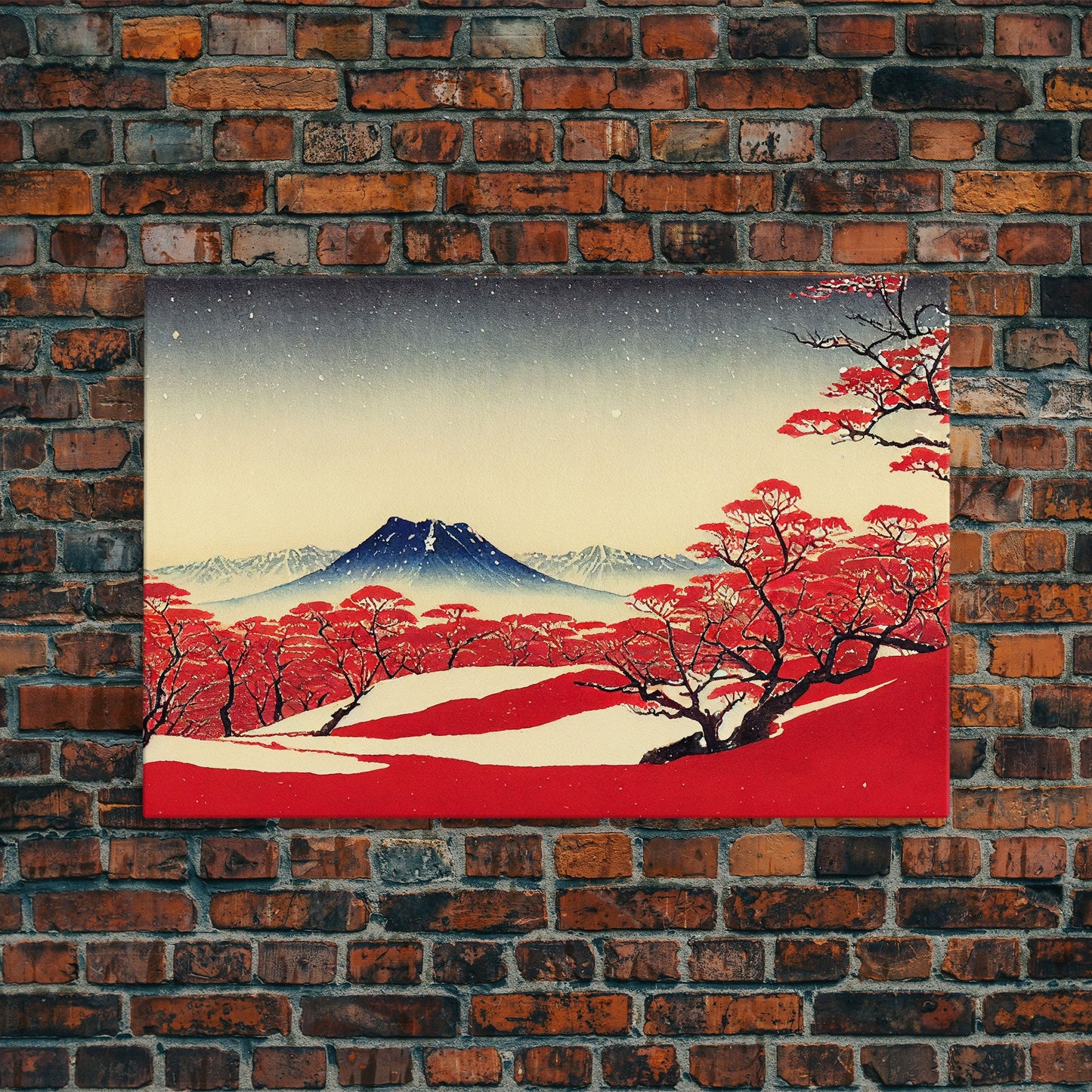 Mt. Fuji in the winter, Japanese style art, Japanese maple trees, framed canvas print, unique retro style art