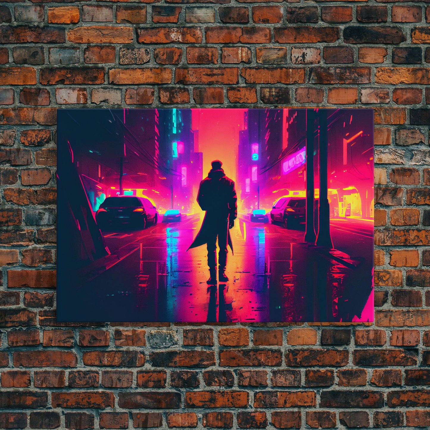 Cyberpunk bounty hunter art, vaporwave synthwave dystopian cityscape, framed canvas print