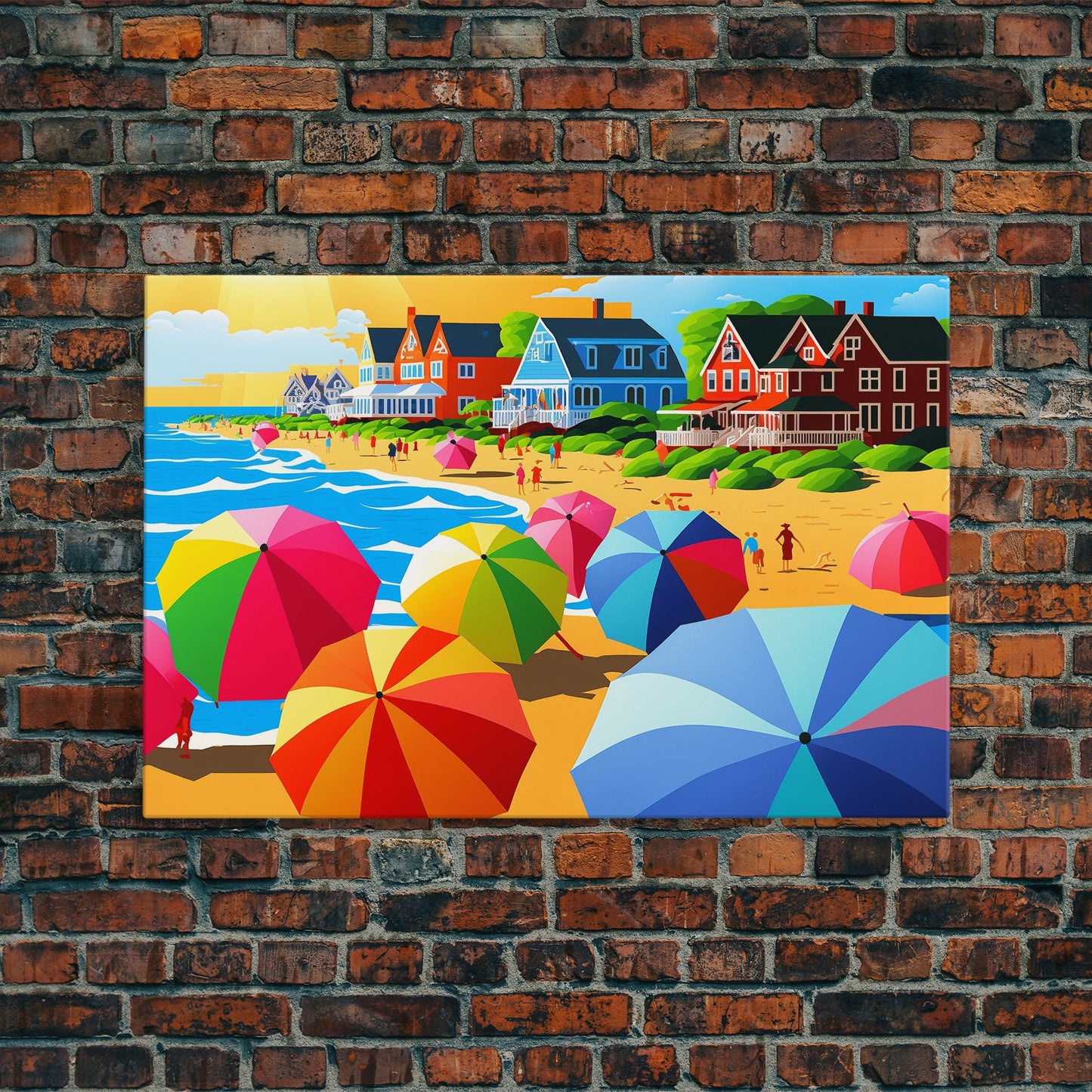 The Beach Crowd, Art Deco Pop Art Mashup, Framed Canvas Print, Colorful Beach Umbrellas, Beach House Lake House Decor