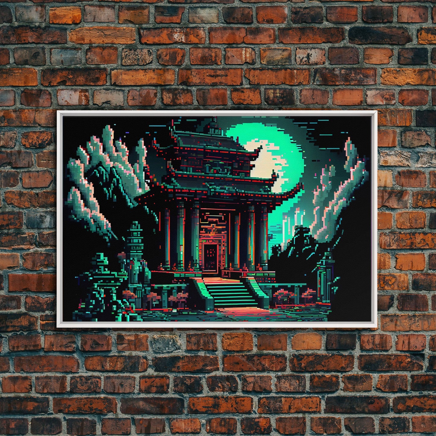 Japanese Pagoda pixel art, cyberpunk style pagoda, framed canvas print