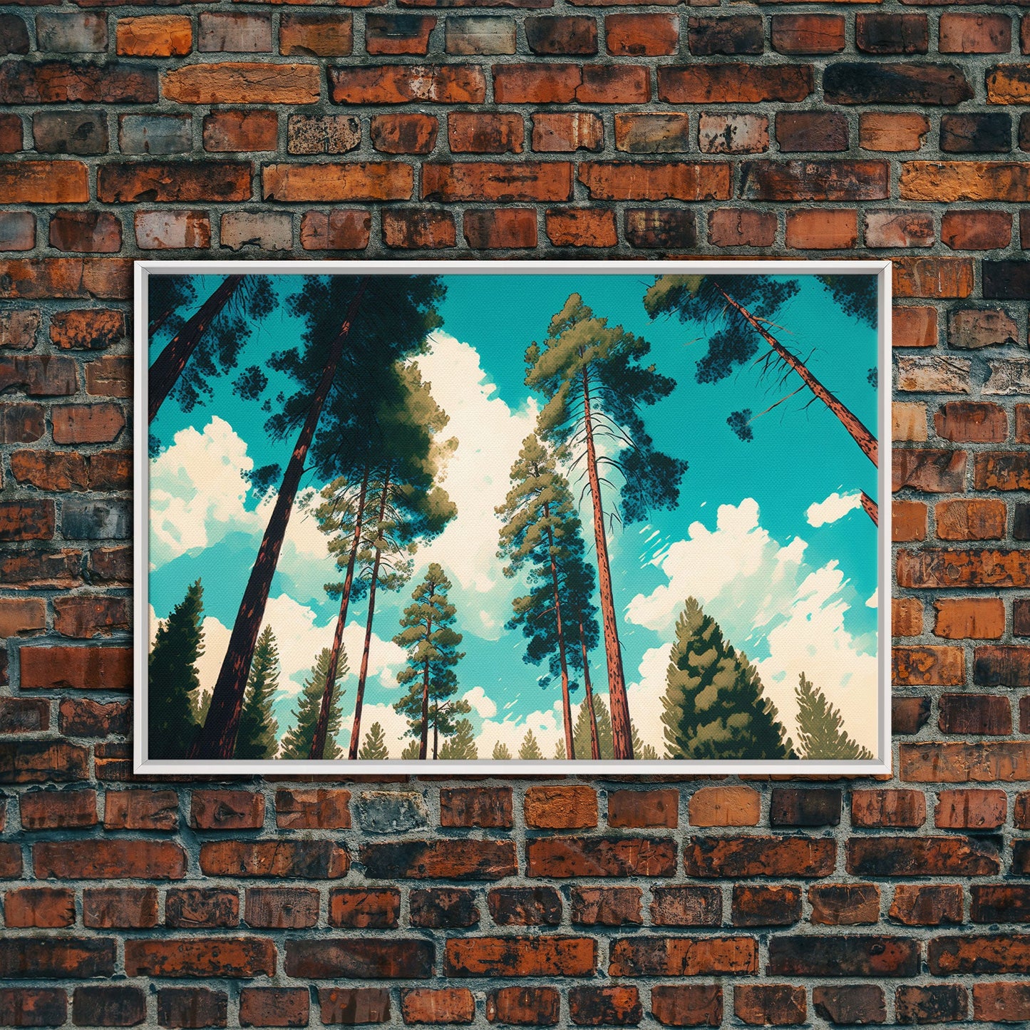 Pine Tree Forest and Blue Skies, Framed Canvas Print, Beautiful Wall Art, Living Room Wall Decor, Pine Cone Tree