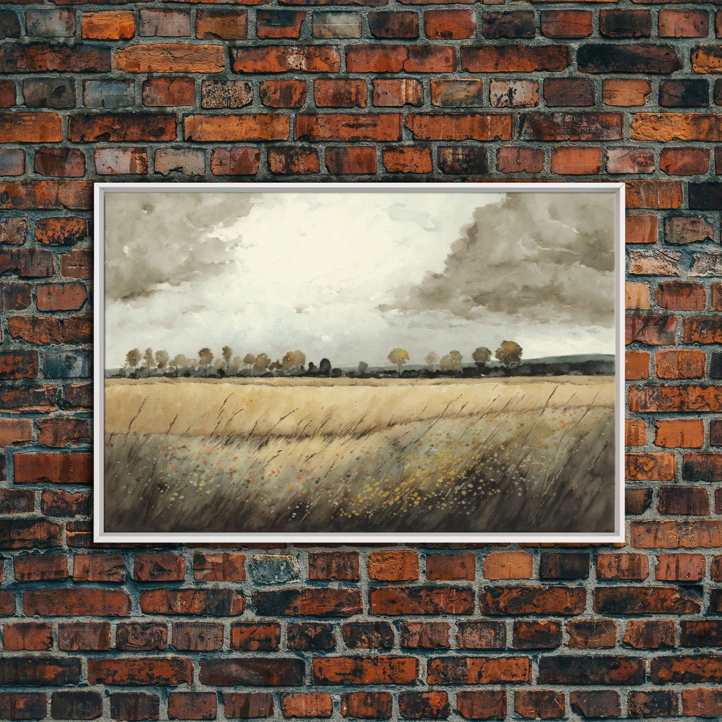 Moody Country Landscape Canvas Print Painting | Vintage Wall Art | Subdued Wall Art | Framed Canvas | Muted Monochromatic Landscape Art