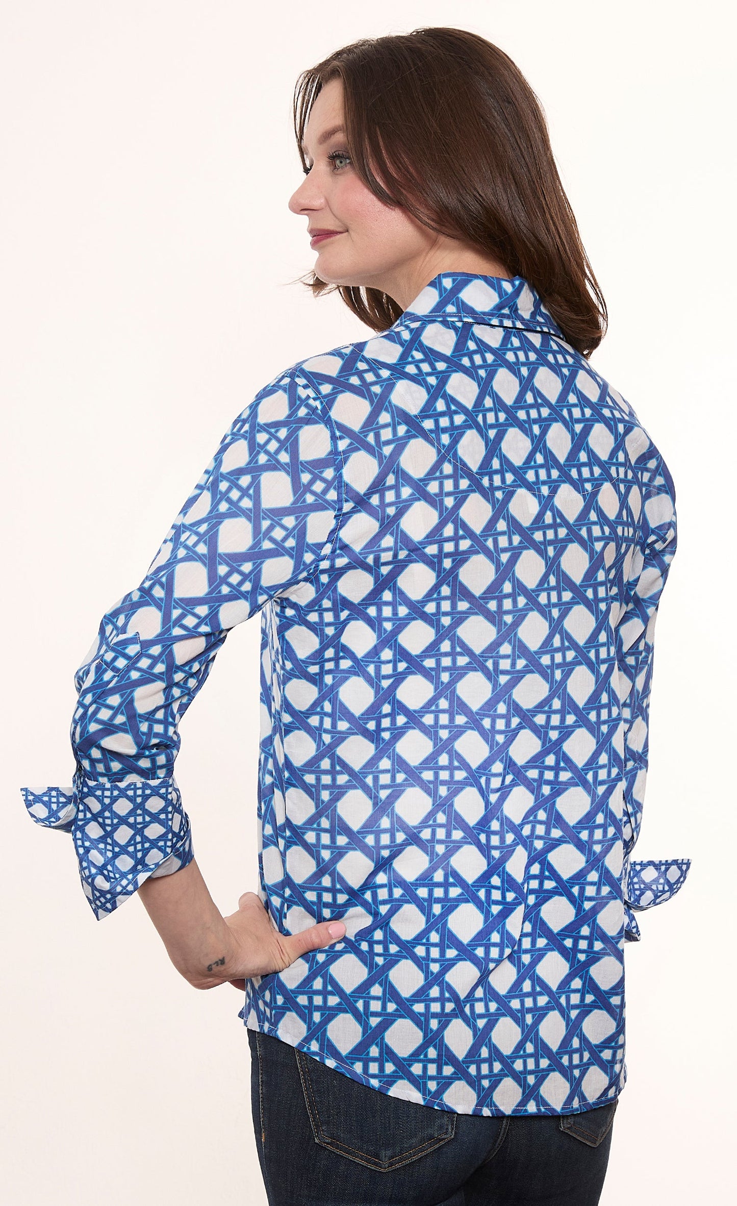 3/4 Sleeve Rome Shirt Navy White Voile Wicker Print