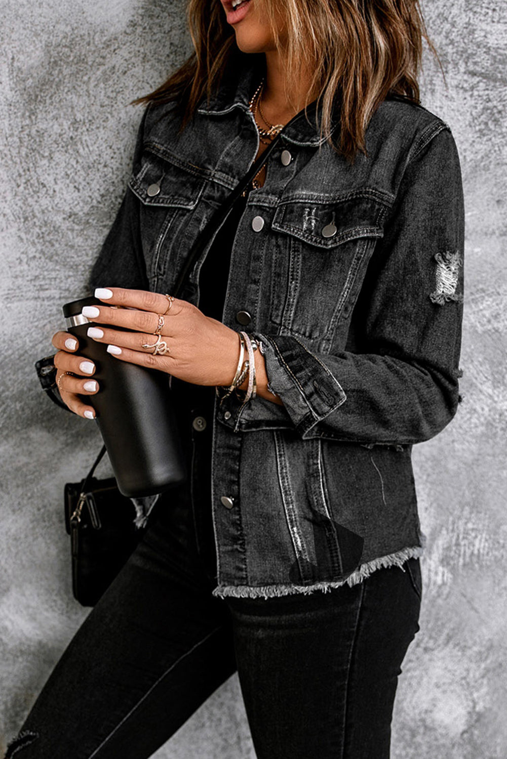 Denim Lapel Distressed Raw Hem Buttoned Jacket