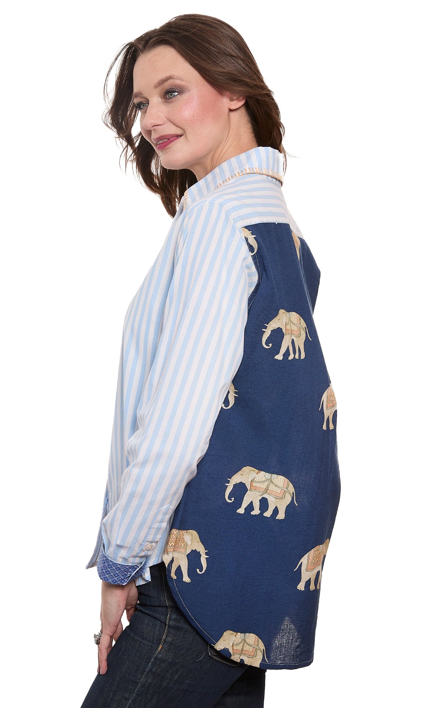 Chesapeake Hi Lo Top with Navy Ground Ellies on The Back