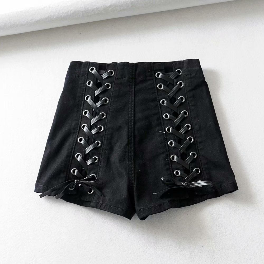 High waist slim straps denim shorts hot pants