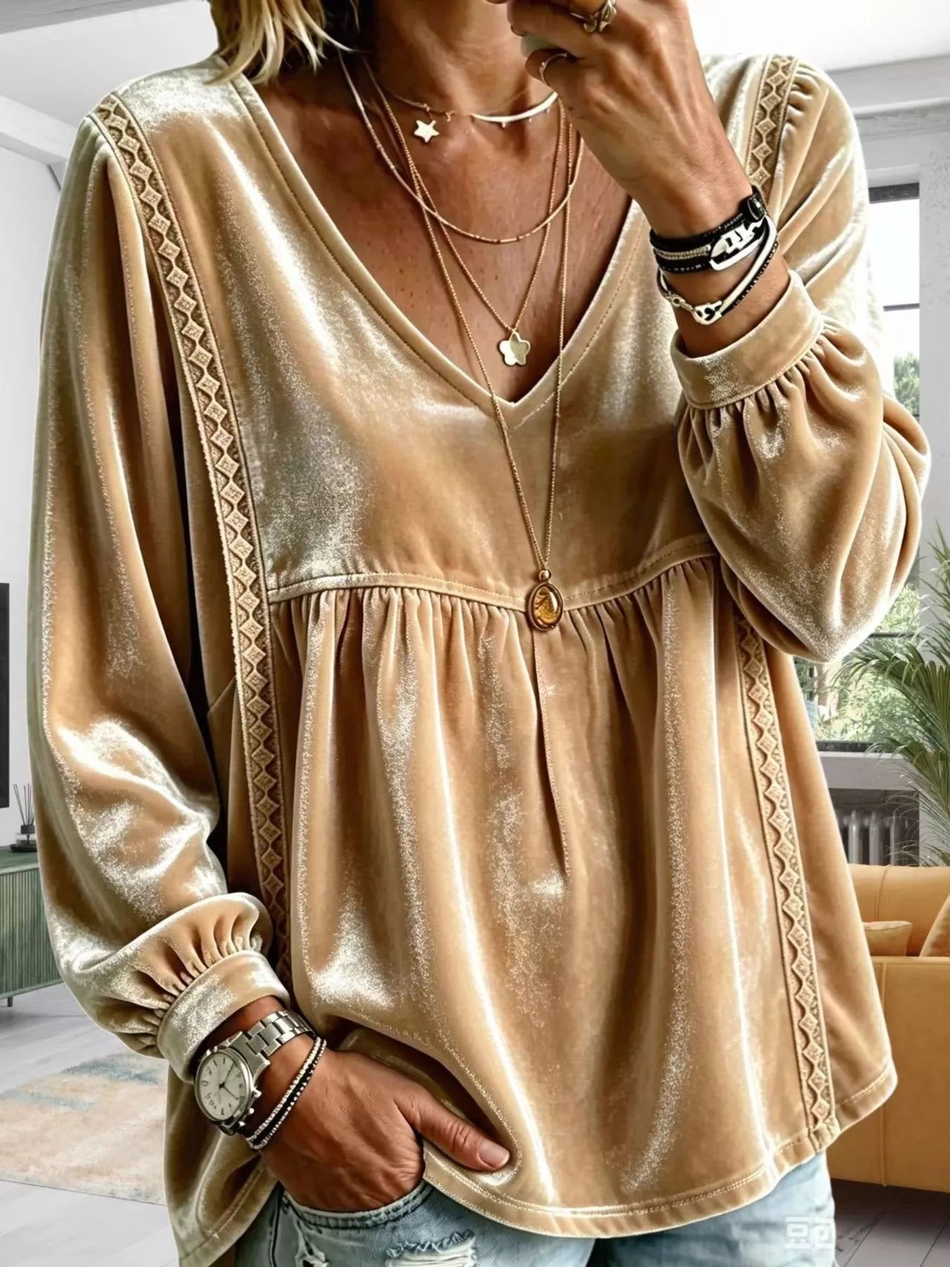 Full Size Velvet Lace Detail V-Neck Blouse Plus Size